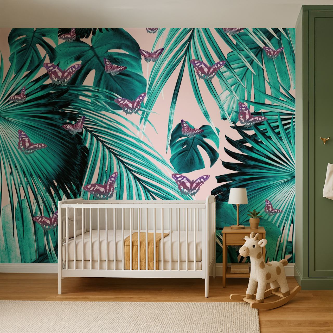 Tropical palm leaves and purple butterflies on pink background wallpaper