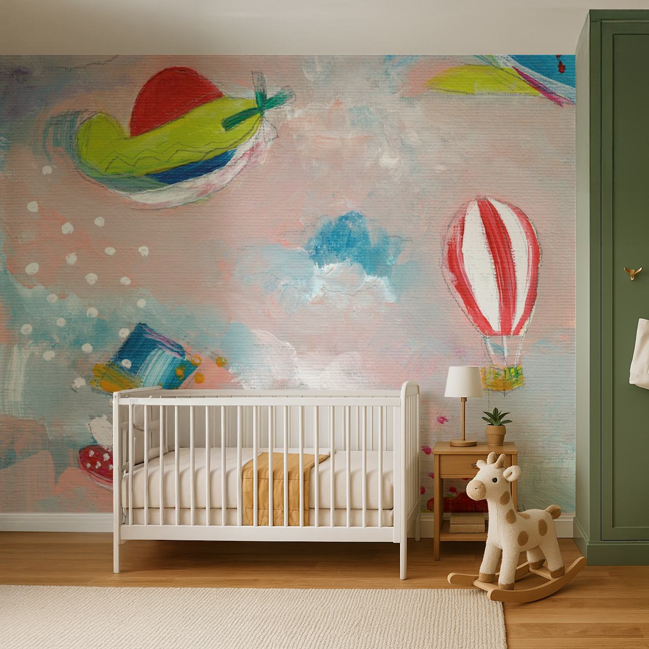 Colorful hot air balloons and clouds design wallpaper