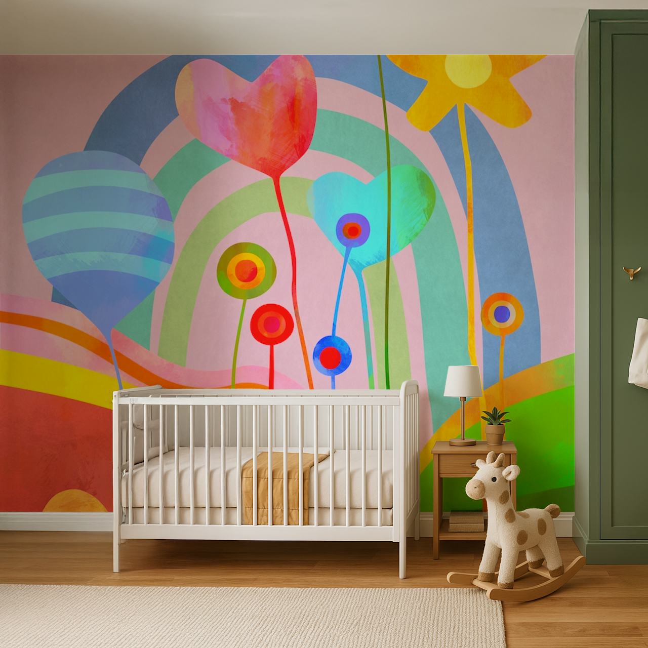 Hupaisa pastellinvärinen puutarhaseinämaalaus tyylitellyillä kukilla ja sateenkaarella