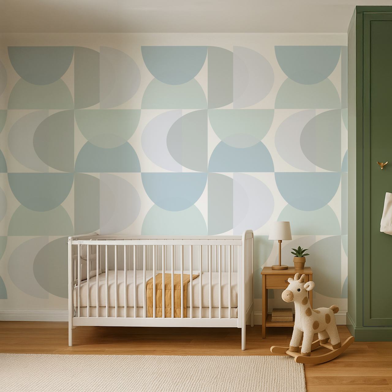 Geometric wallpaper with light blue and soft gray arches