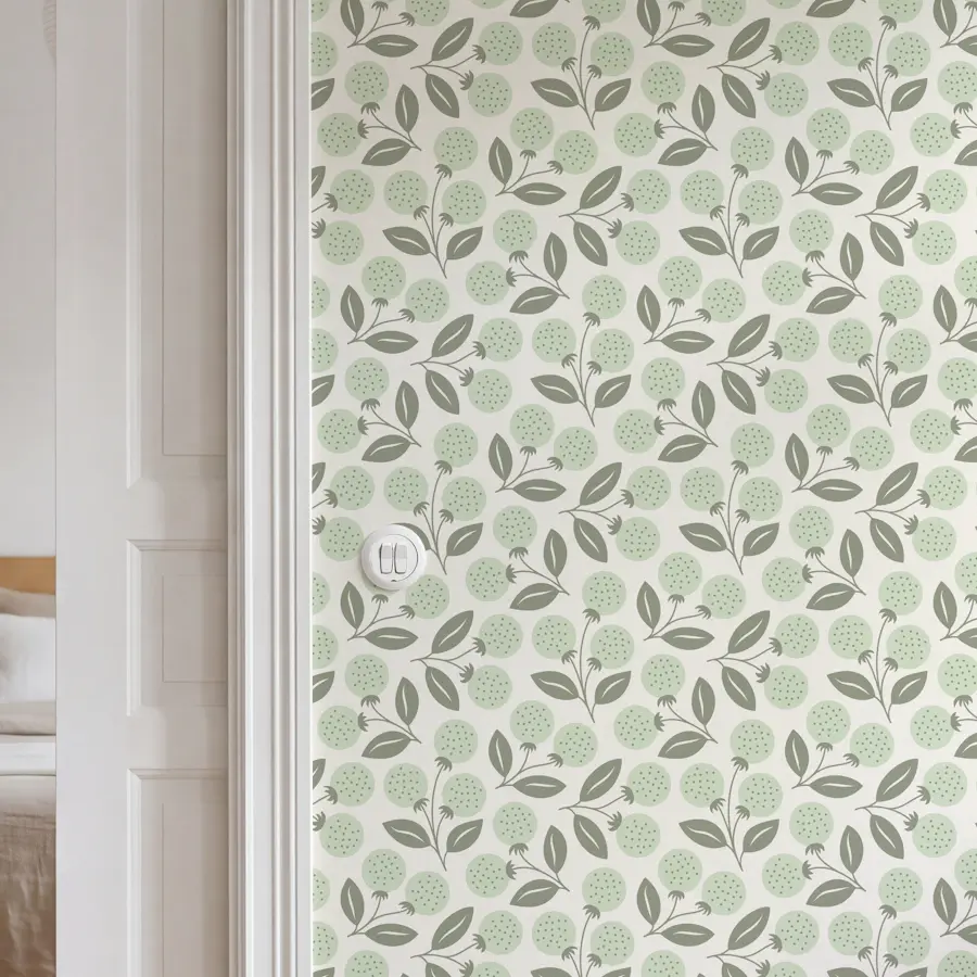 Rustic Light Green Berries tapetti huoneessa