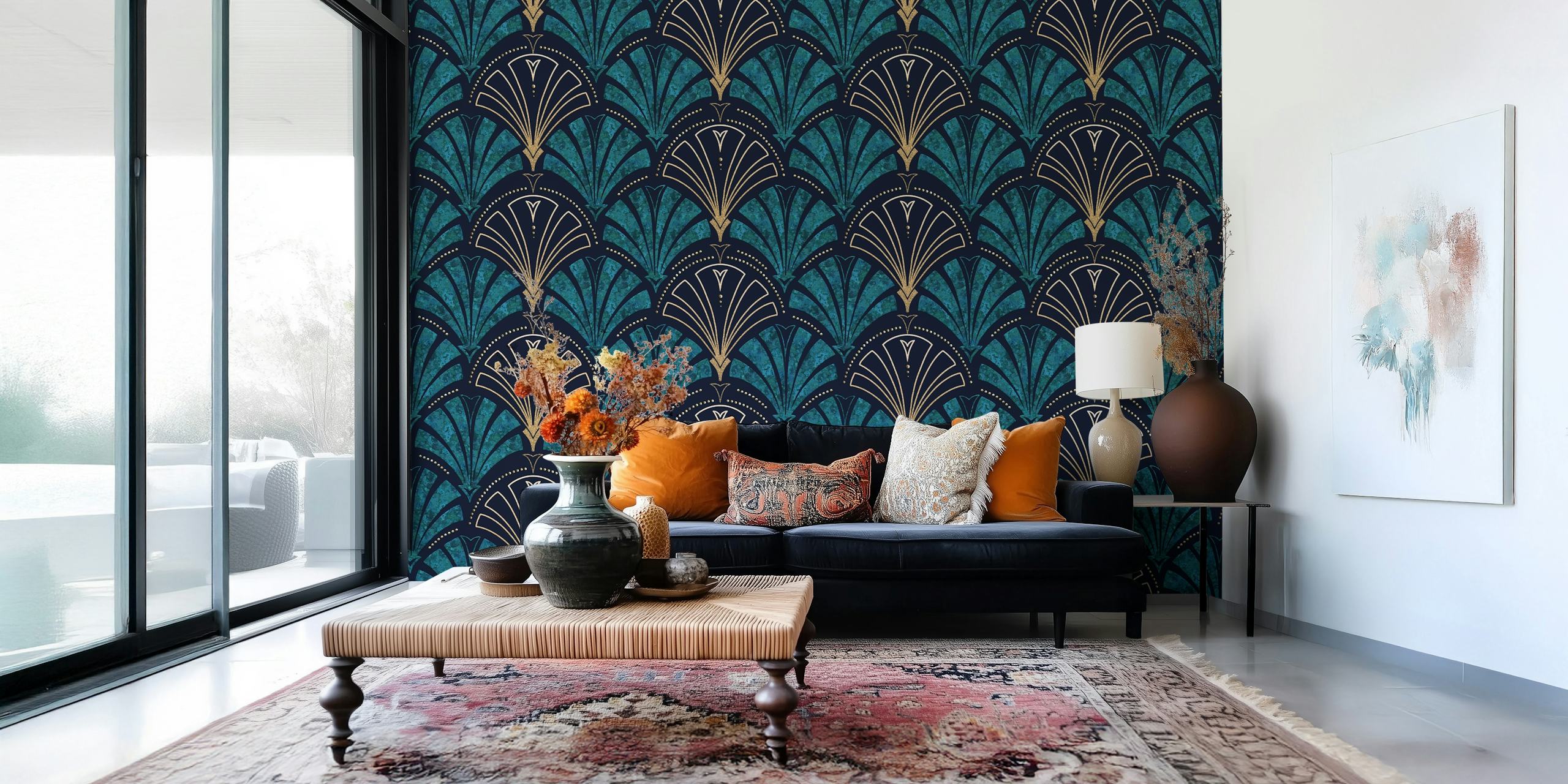 192s Papel pintado Art Deco Gold y Teal inspirado en Gatsby