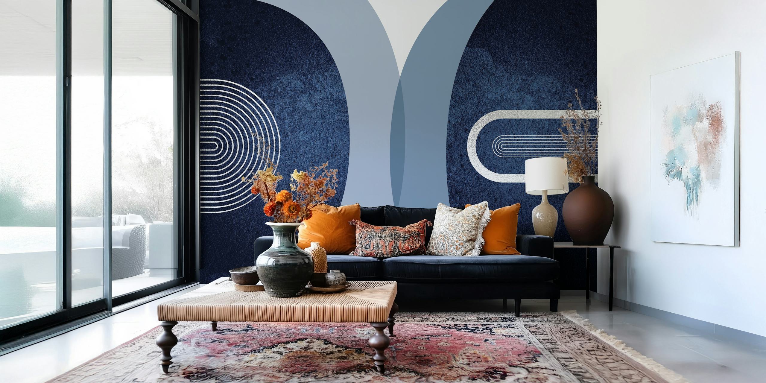 Navy Blue en Silver moderne behang in een kamer