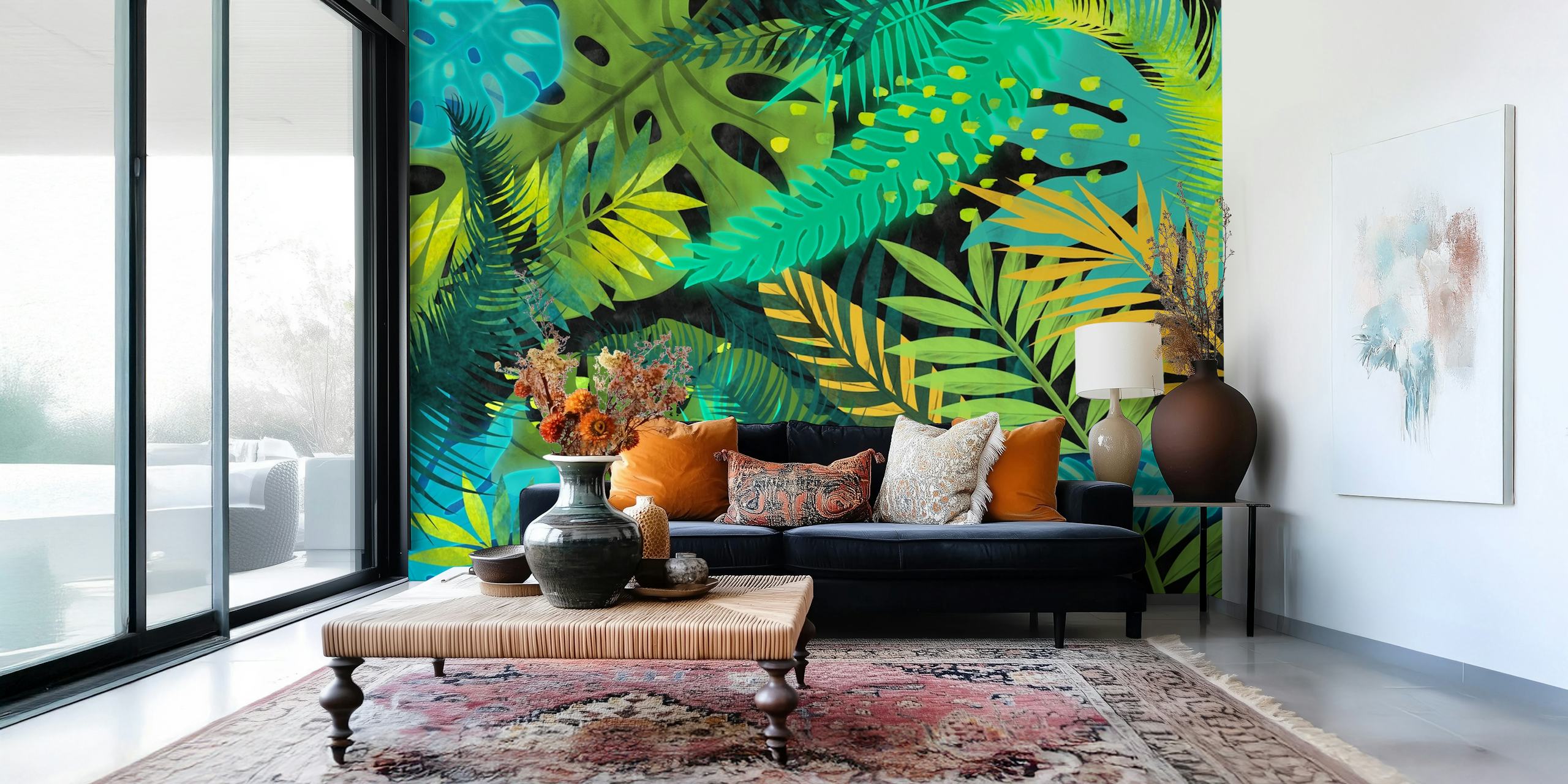 Lush green leaf patterns with blue and yellow accents wallpaper