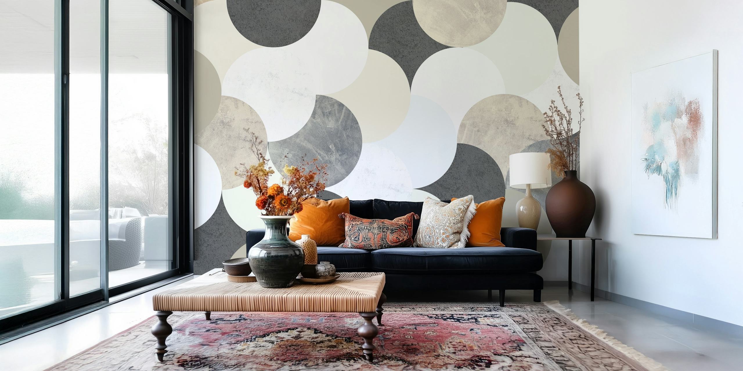 Geometric circle patterns in beige, grey, white, and light blue wallpaper