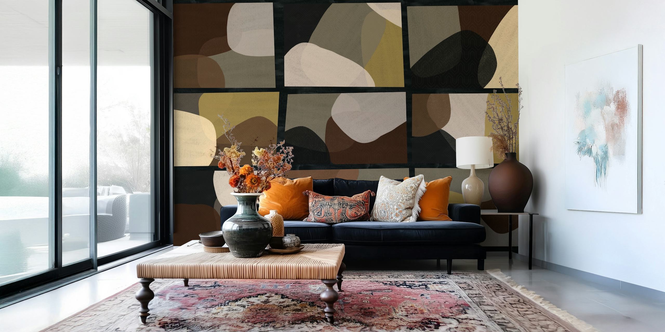 Geometric stone wall pattern with earthy tones in a mural