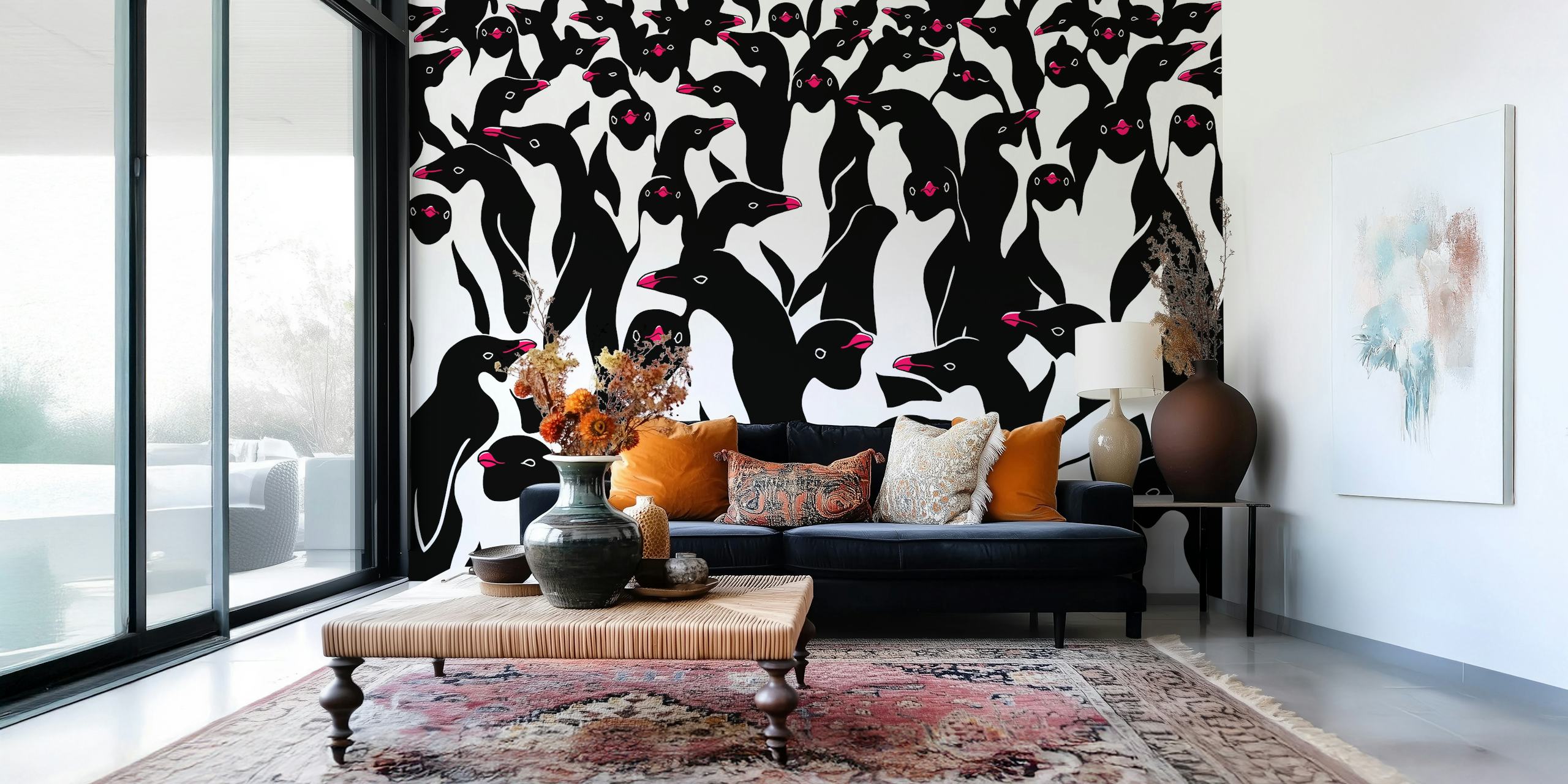 Playful black and white penguin illustration wall mural with pink accents