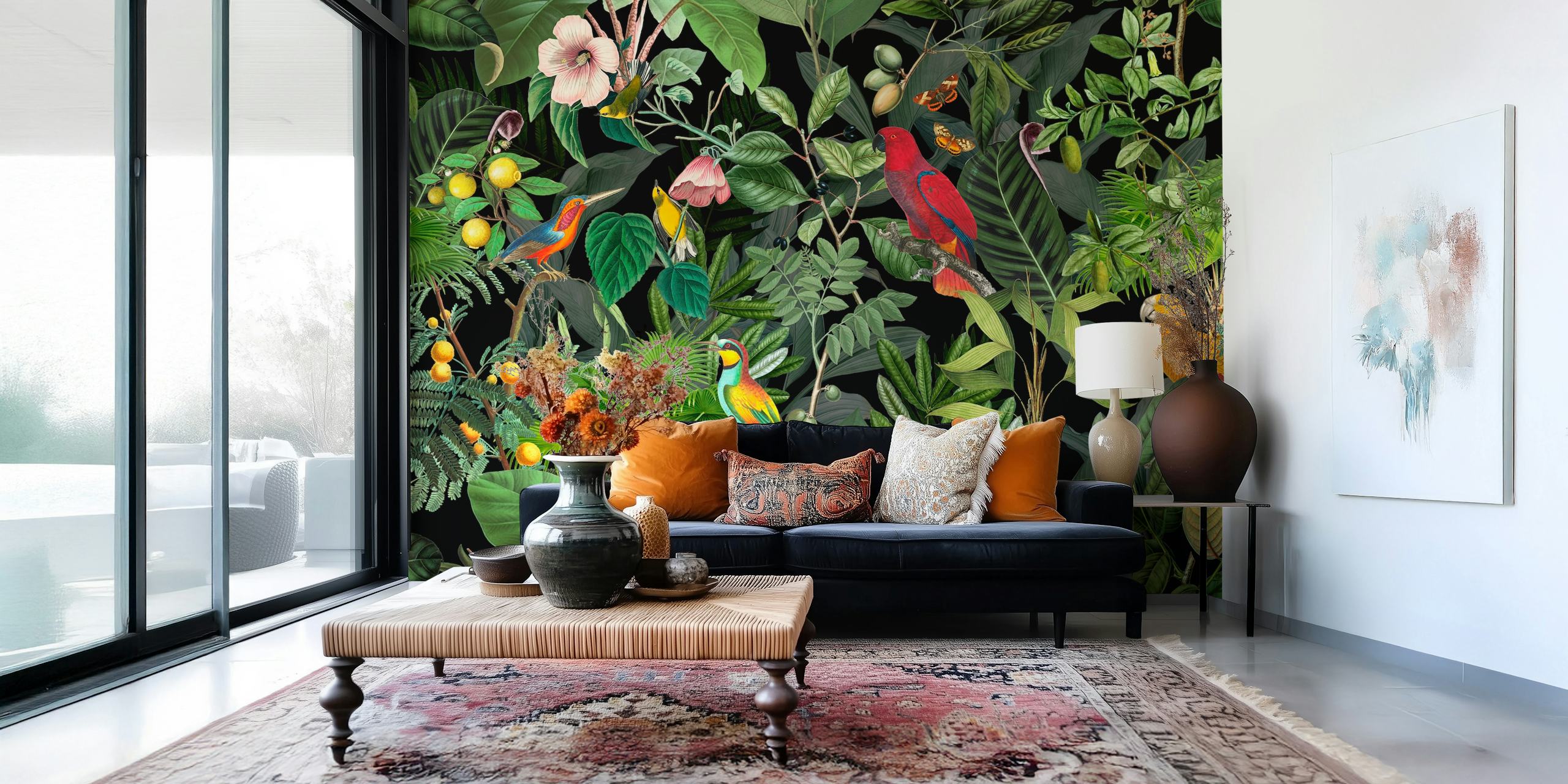 Tropical parrots and green foliage wallpaper