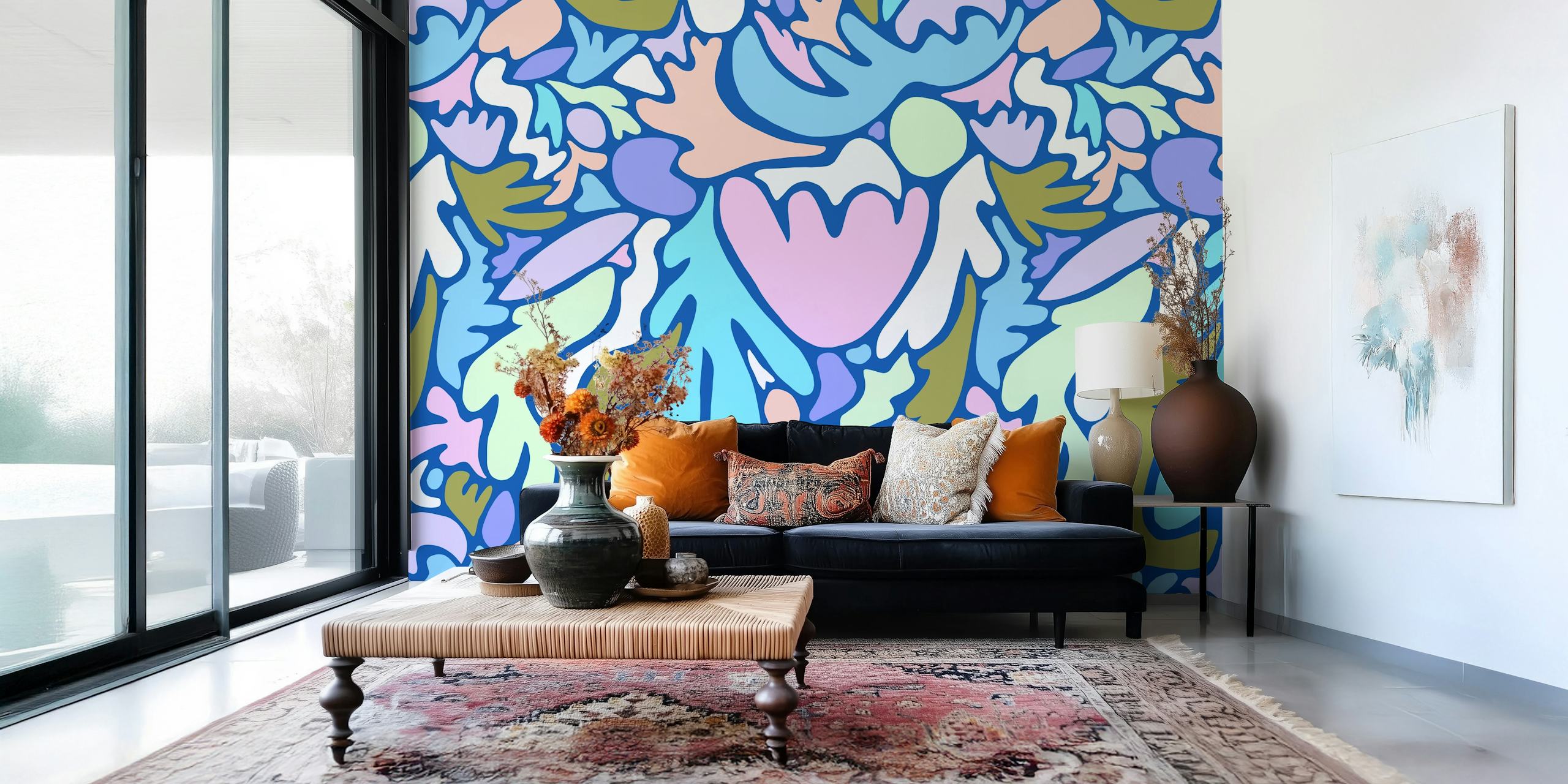 Colorful abstract sea life shapes in pastel hues wallpaper
