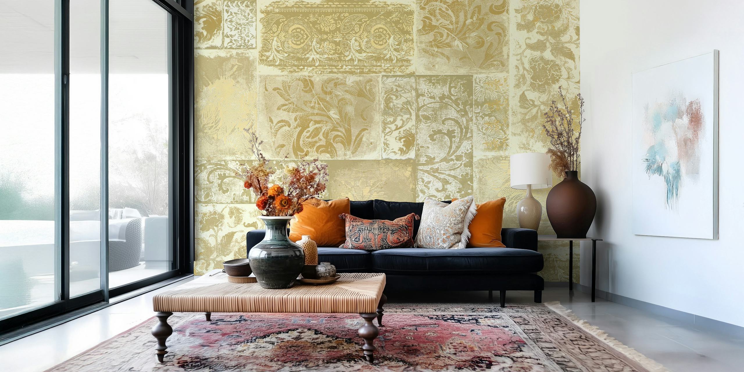 Bohemian Patchwork olive cream wallpaper in a room