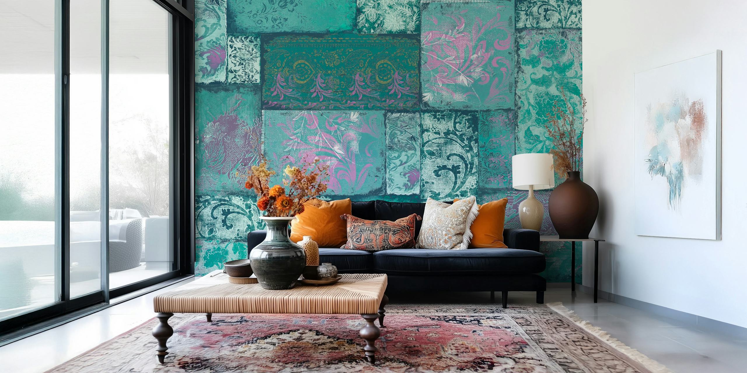 Patchwork design with floral elements in green and purple wallpaper