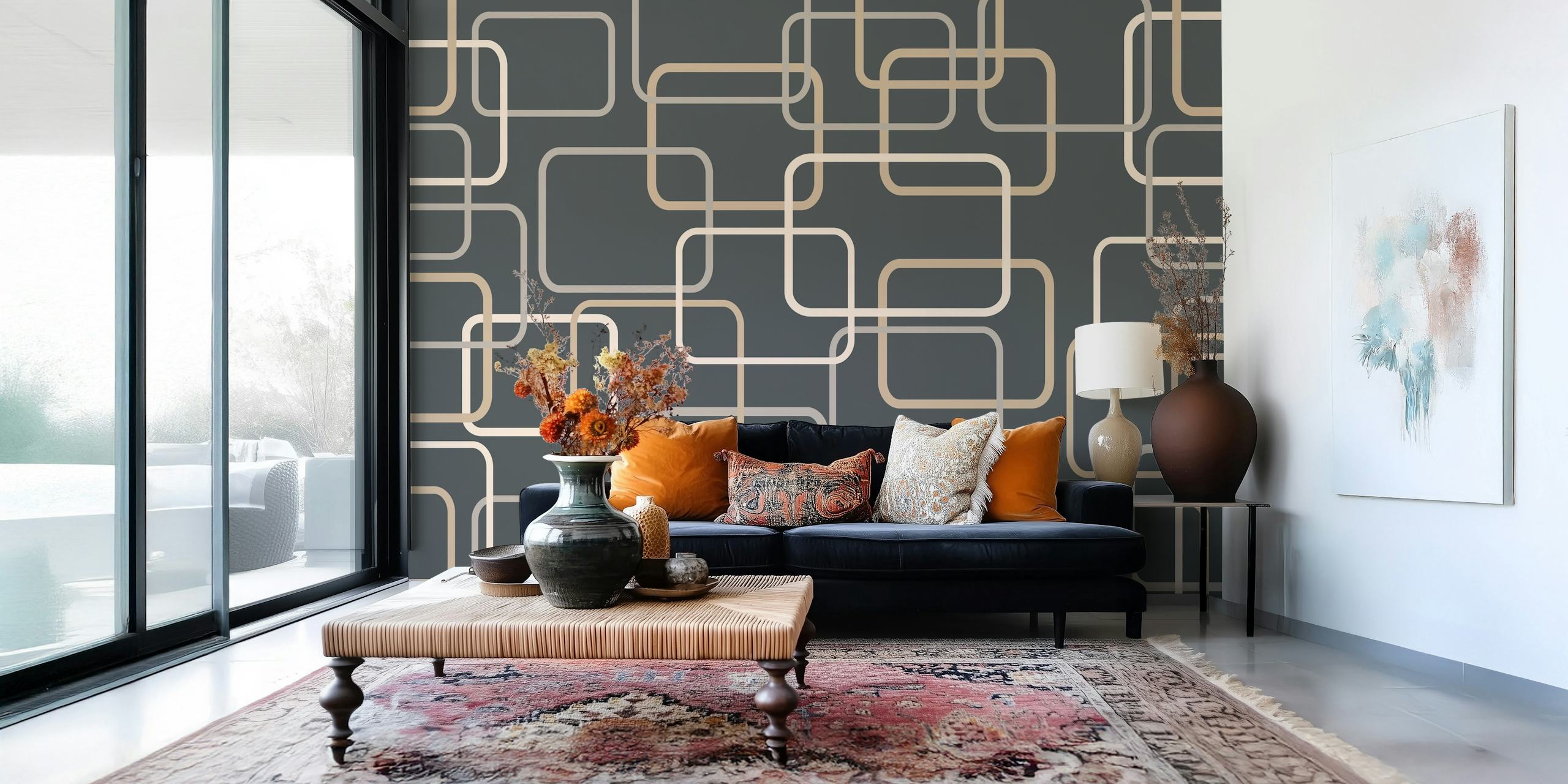Midcentury geometrisk mønstret vægmaleri i nuancer af grå, creme og beige
