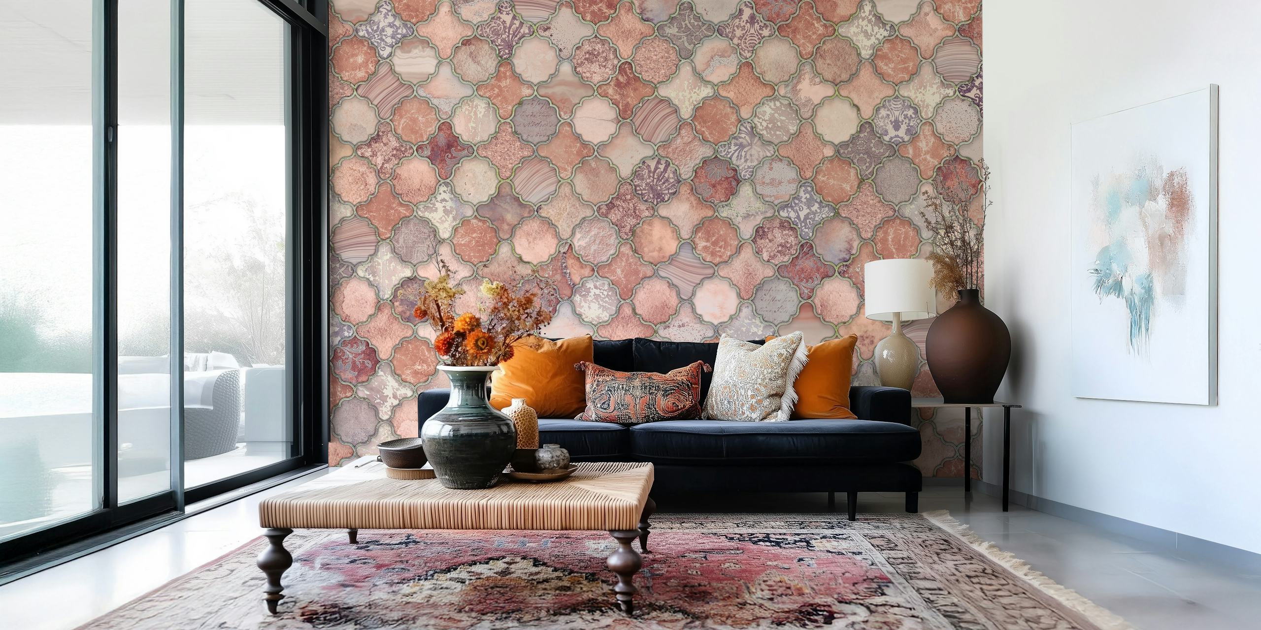 Moroccan Tiles Salmon Pastels em um quarto