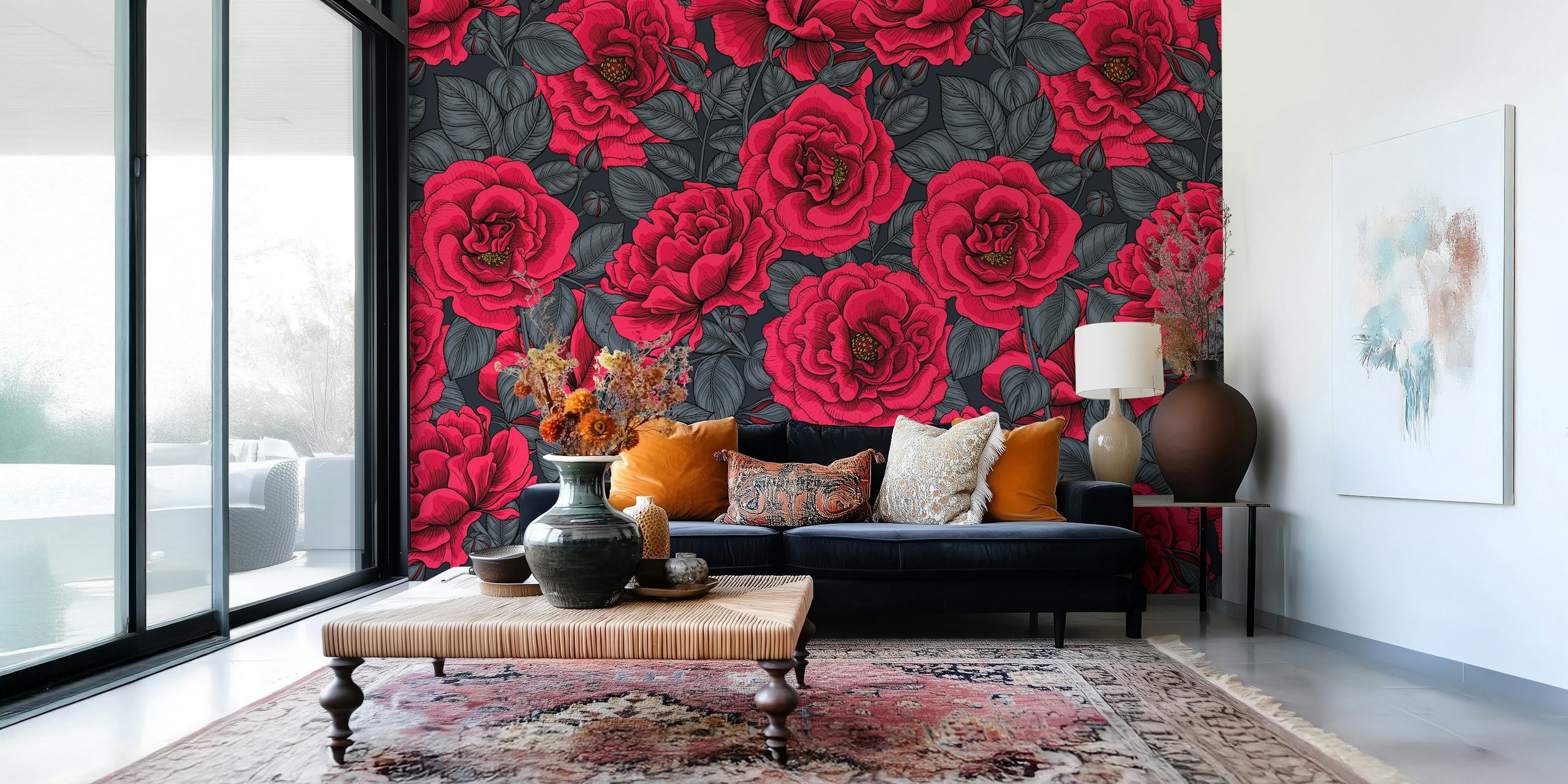 Red roses with green leaves on dark background wallpaper