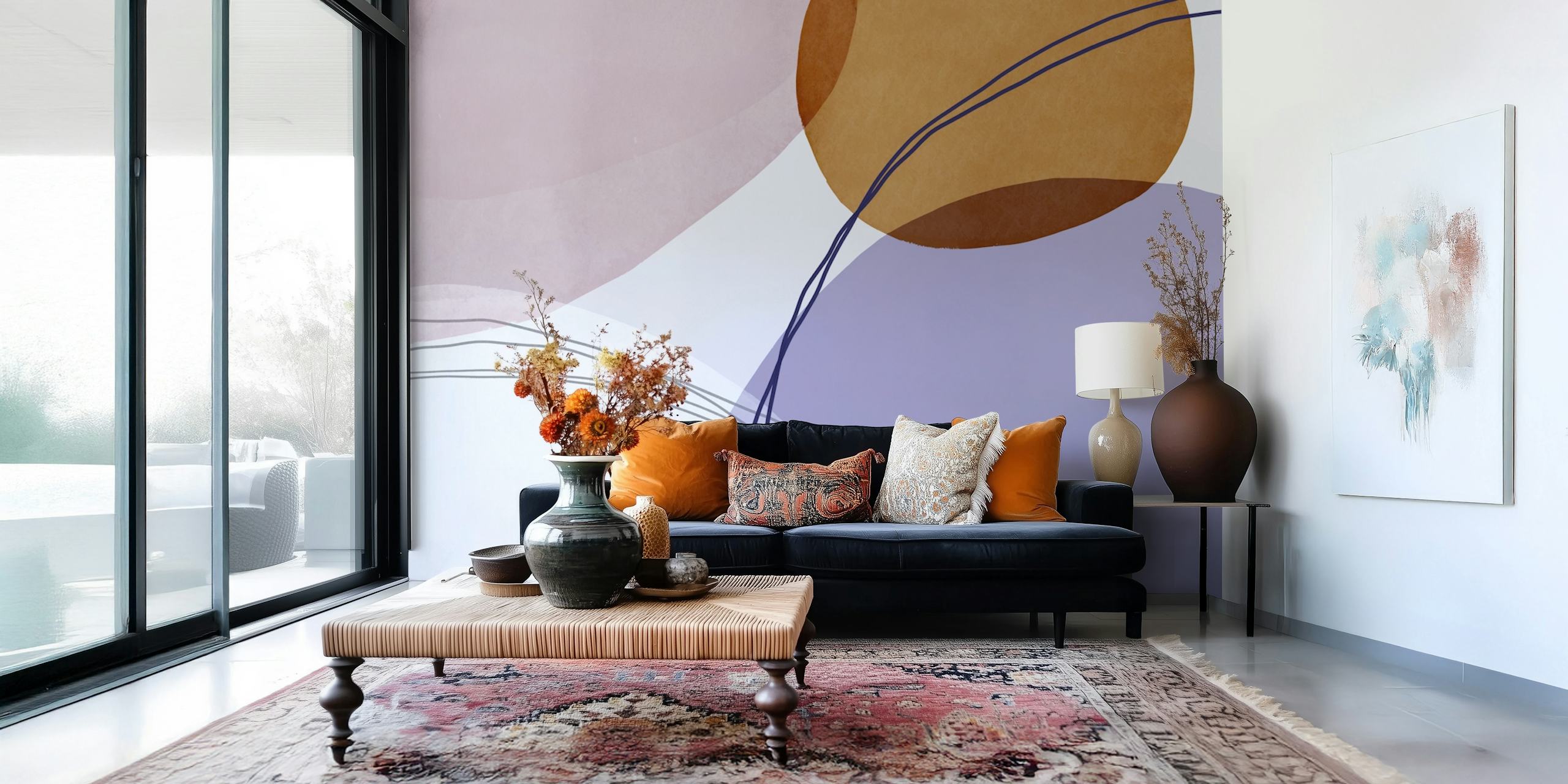 Abstract pastel shapes in lavender, cream, and brown colors wallpaper