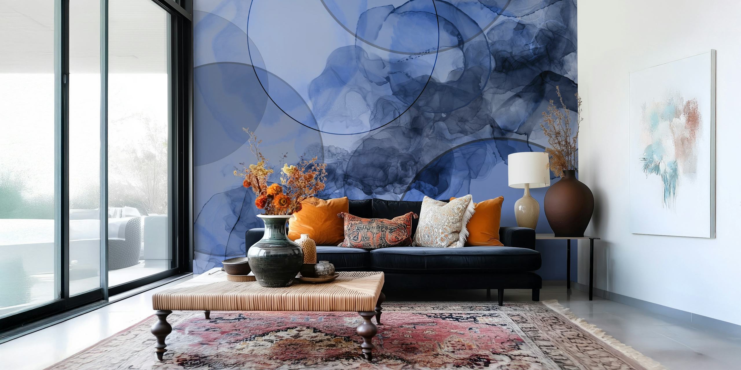 Indigo blue abstract ink circles with soft gradients wallpaper