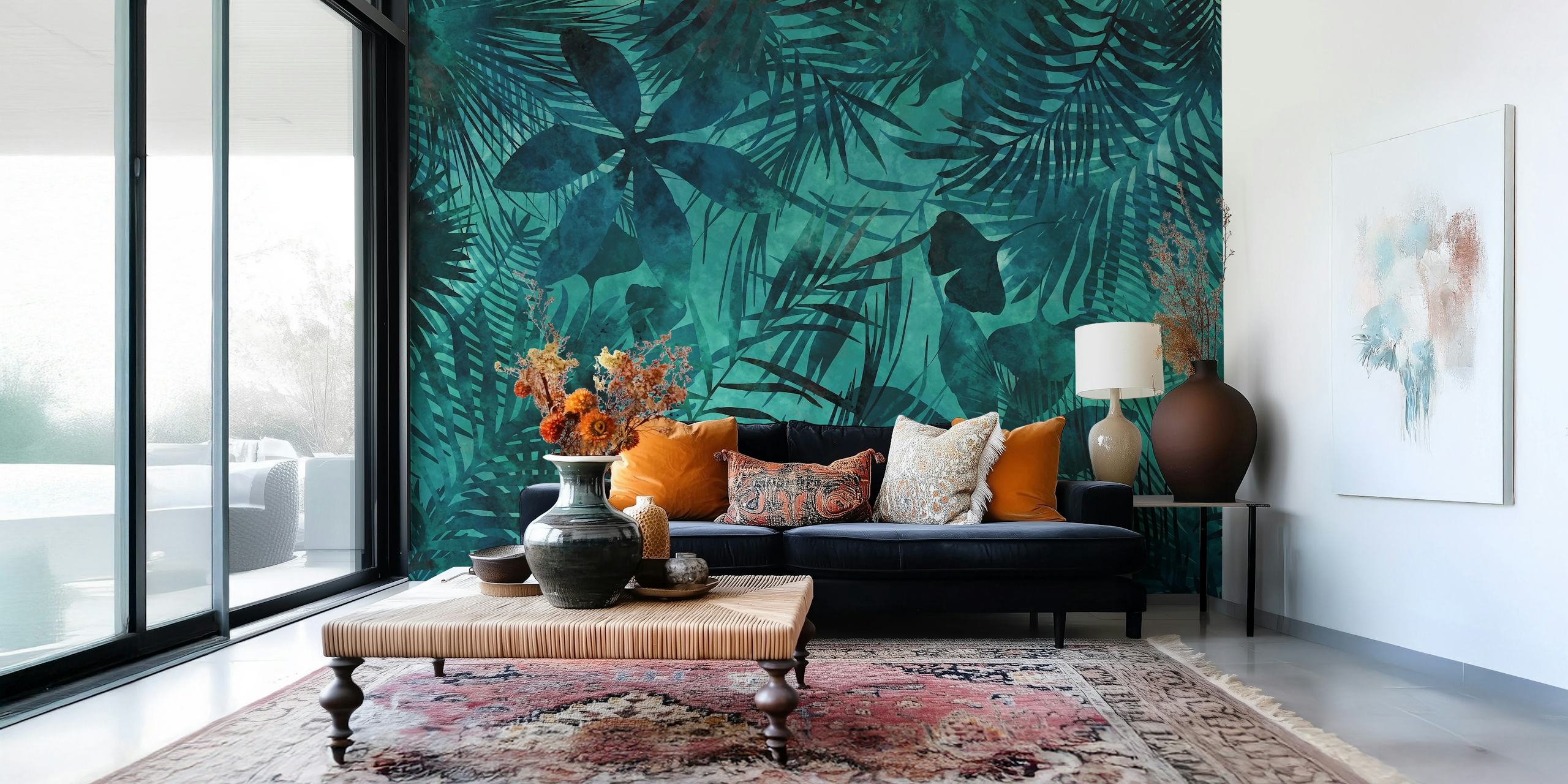Tropical leaves in shades of green and teal wallpaper