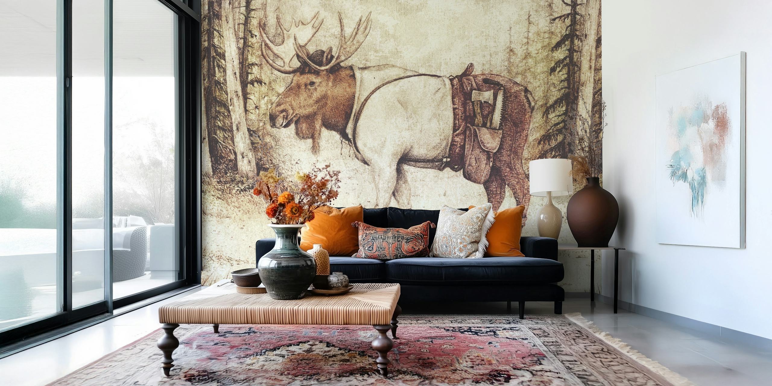 Whimsical moose standing in a forest with muted colors wallpaper