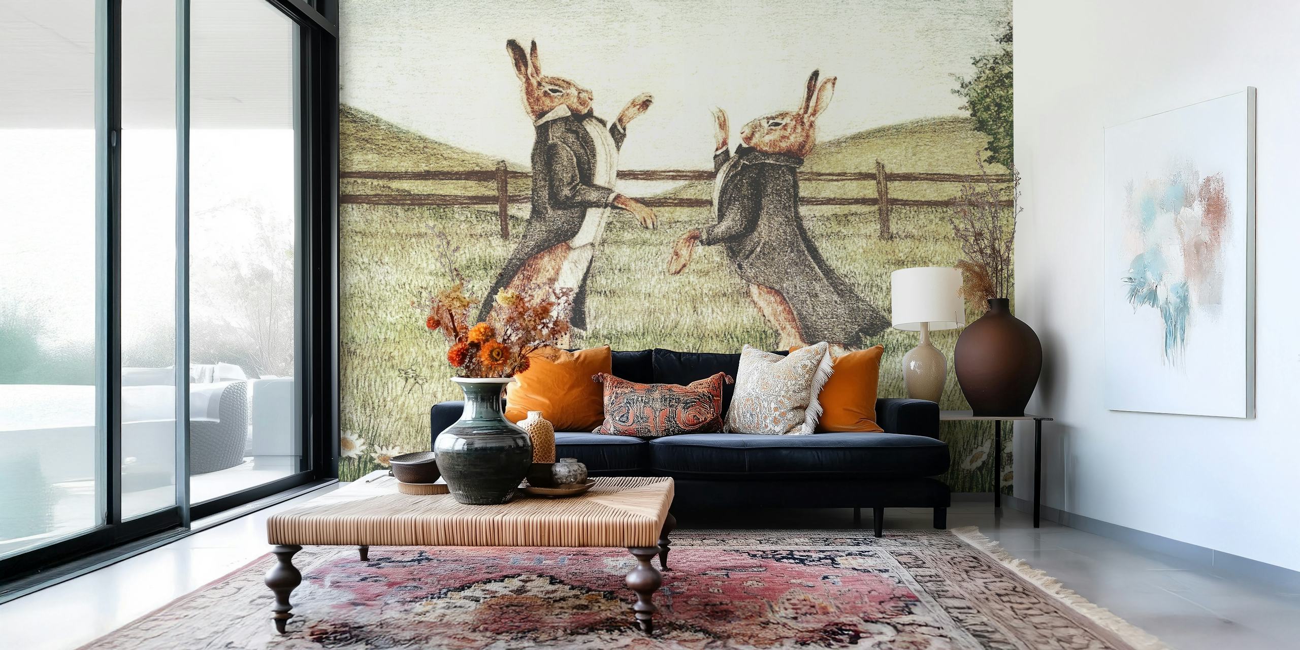 Παιχνιδιάρικη ταπετσαρία με δύο κουνέλια σε παλτό