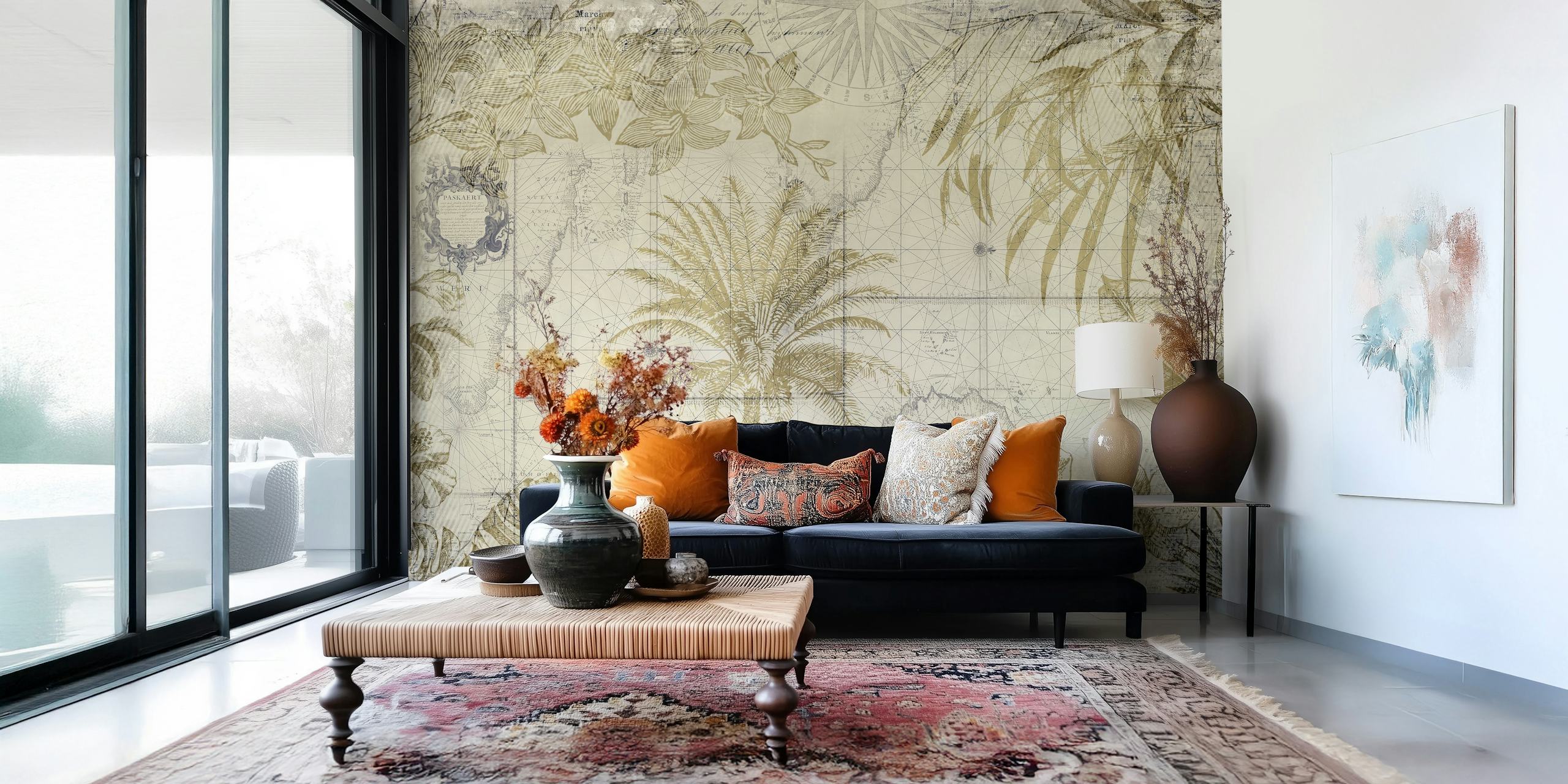 Monochrome tropische jungle muurschildering met palmbladeren en exotische planten in grijstinten