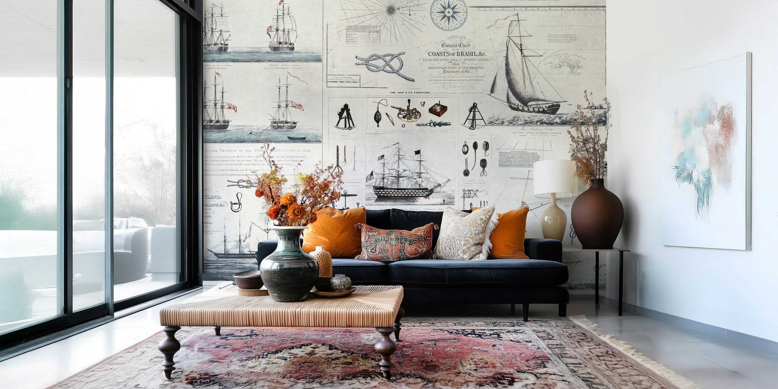 Vintage nautical wallpaper featuring blue ships and maps