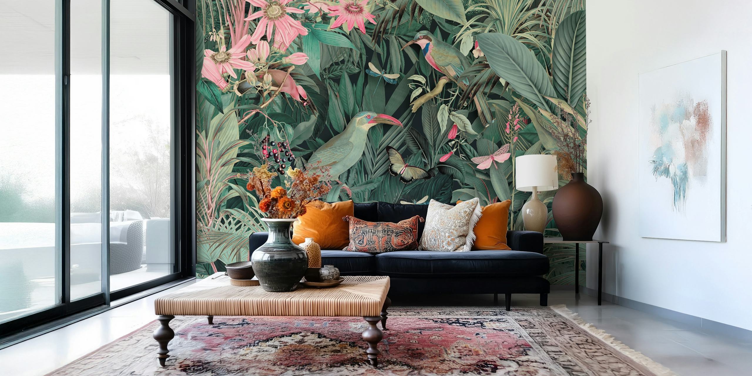Tropical jungle with birds, flowers and greenery wallpaper
