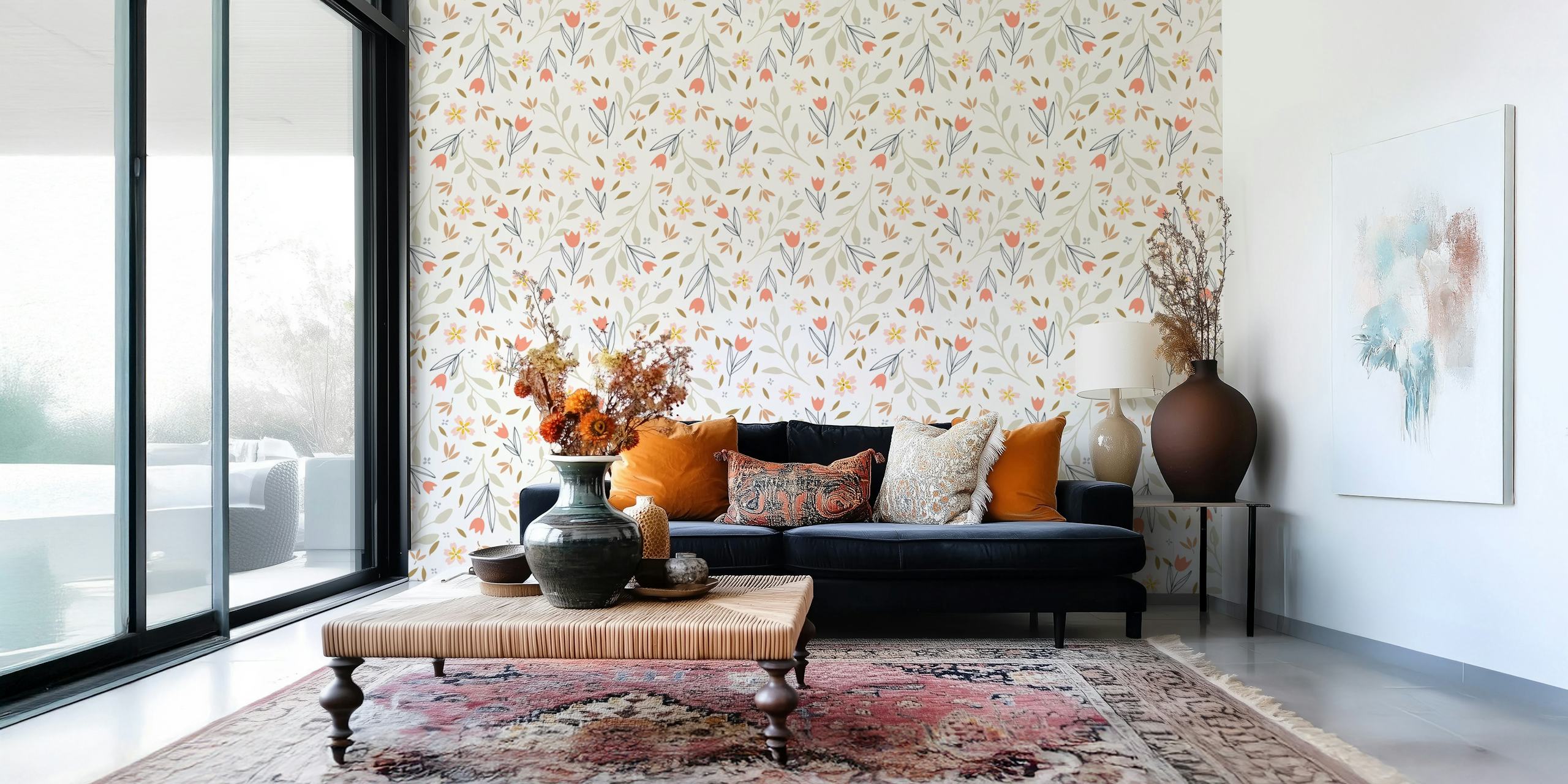 Floral design wallpaper in a bright room