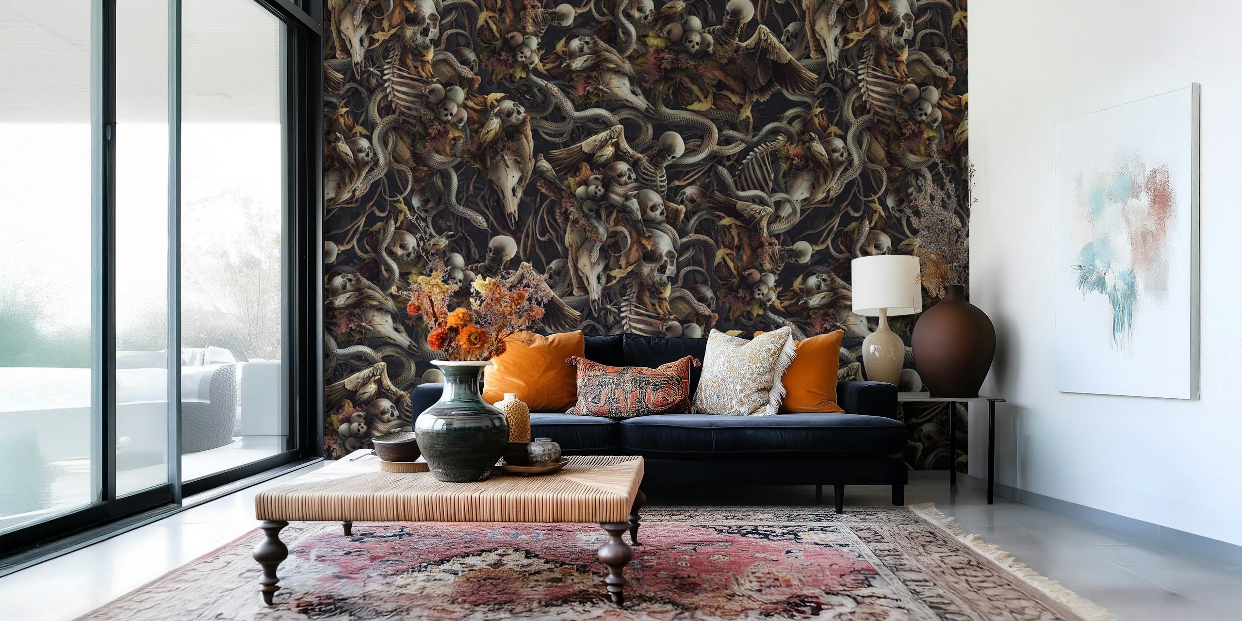 Botanisch doodskop patroon, grijs en bruin wallpaper