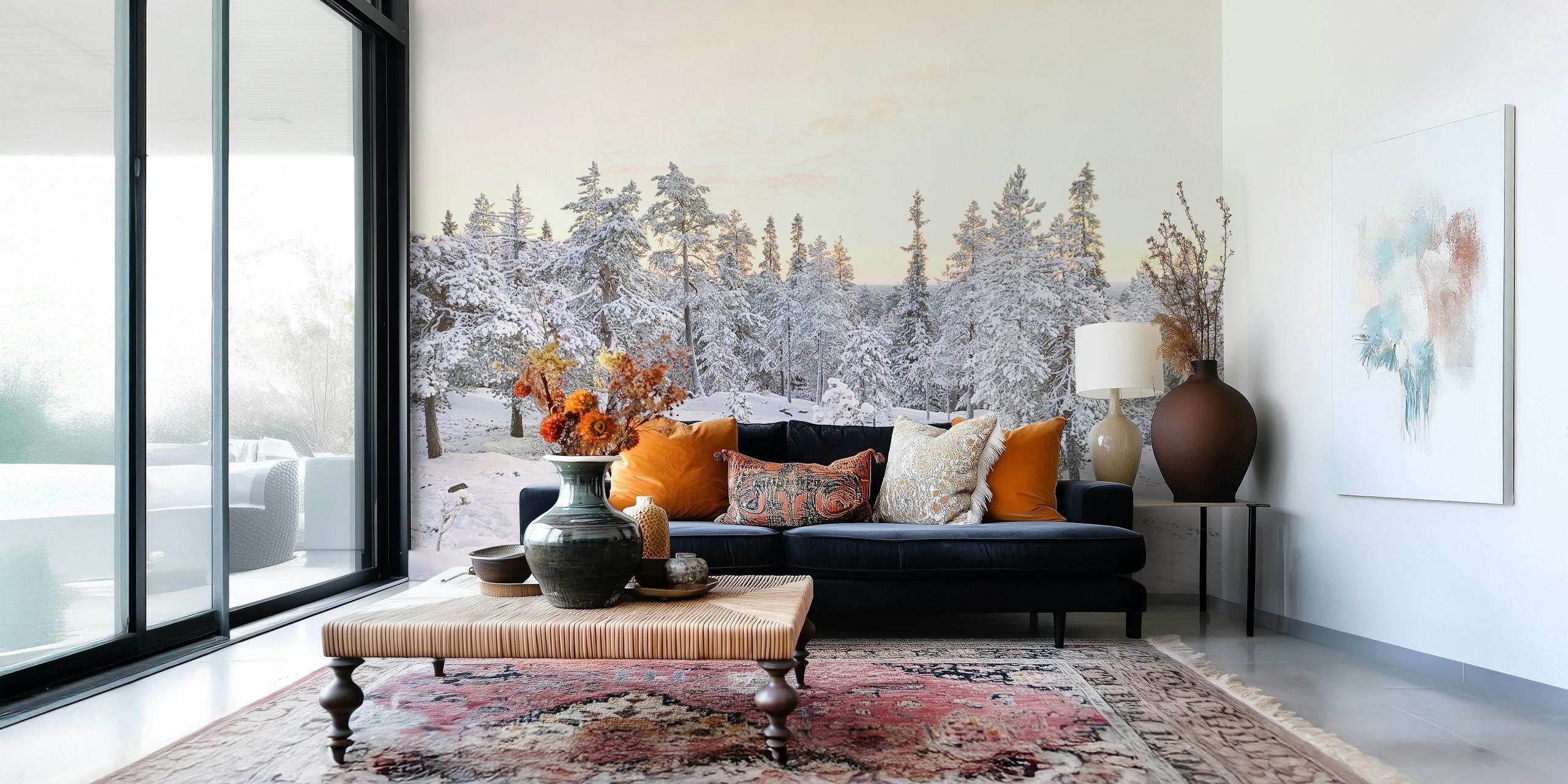 Winter landscape wall mural with snow-covered trees and serene sky