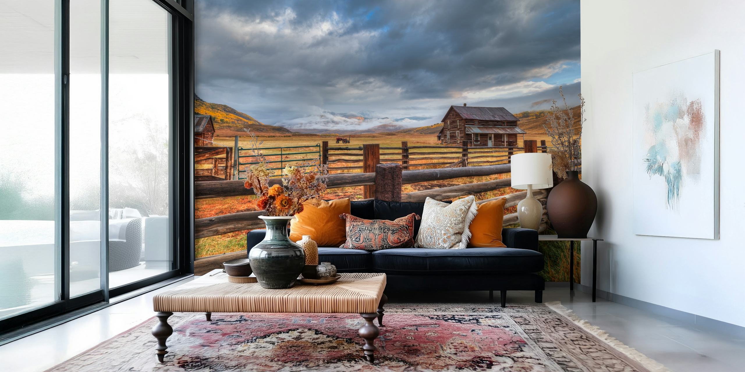 Rustic farmhouse scene wallpaper showcasing warm autumn colors and dramatic clouds.