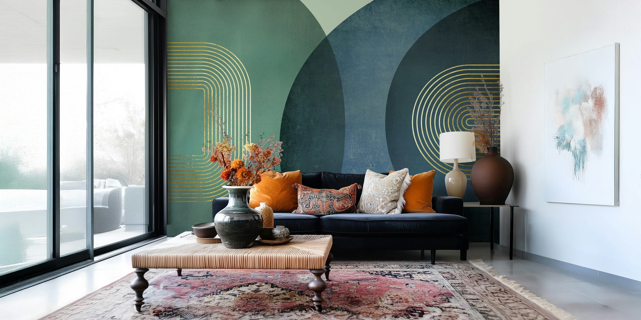 Geometric shapes in blue and green colors with gold lines wallpaper