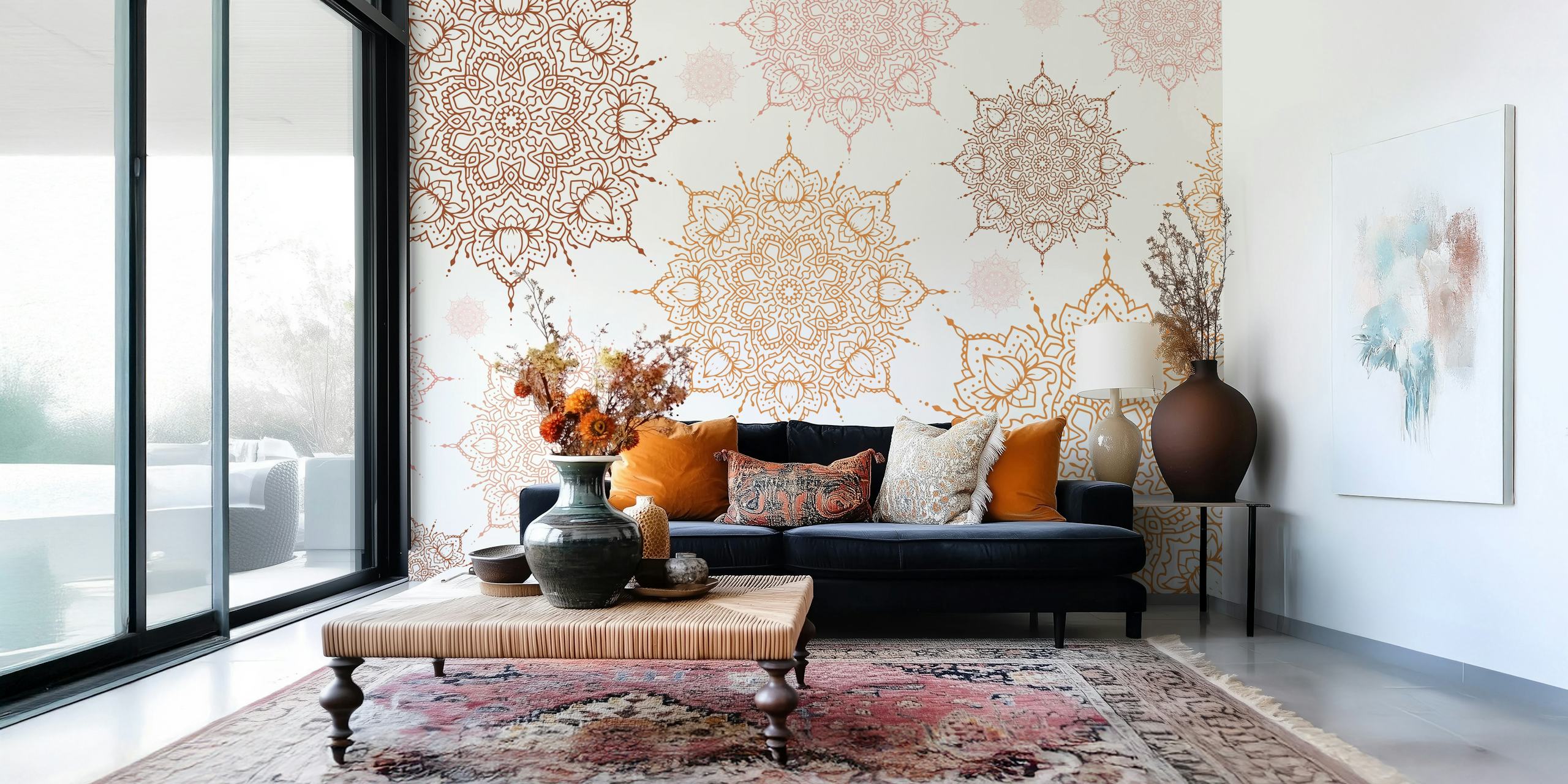 Intricate mandala patterns in soft peach and gold tones on white background wallpaper