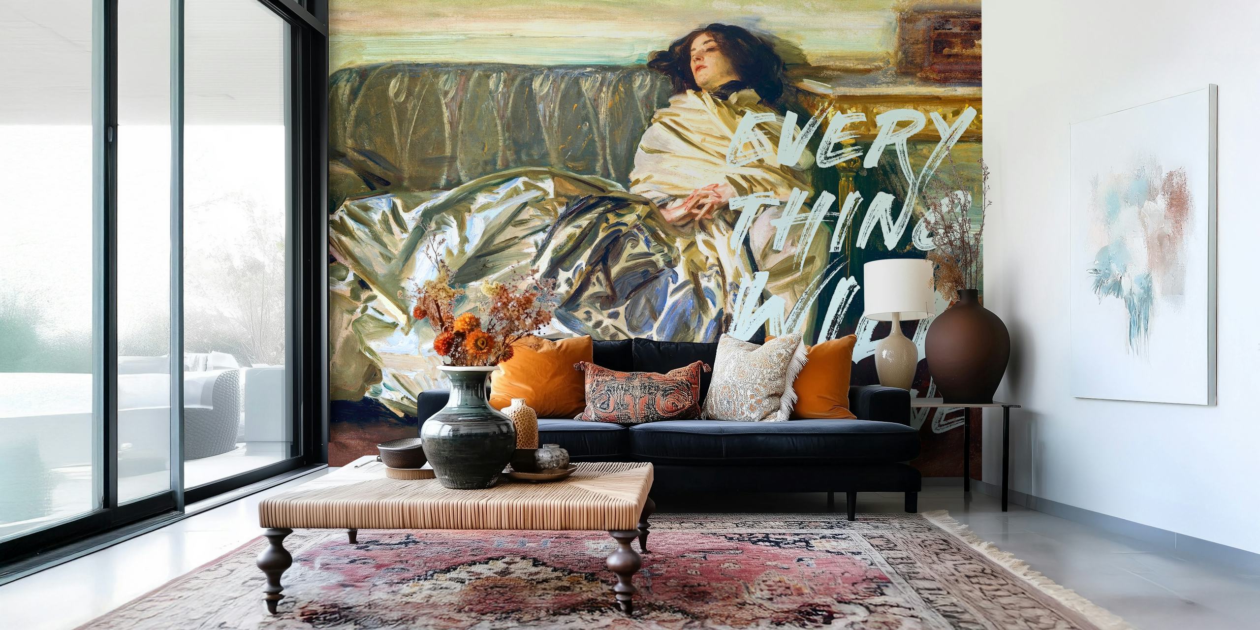 Klassieke Muurschildering In Kunststijl Met Moderne Typografie Met De Tekst Alles Will Be Fine Boven Een Serene Slapende Figuur.