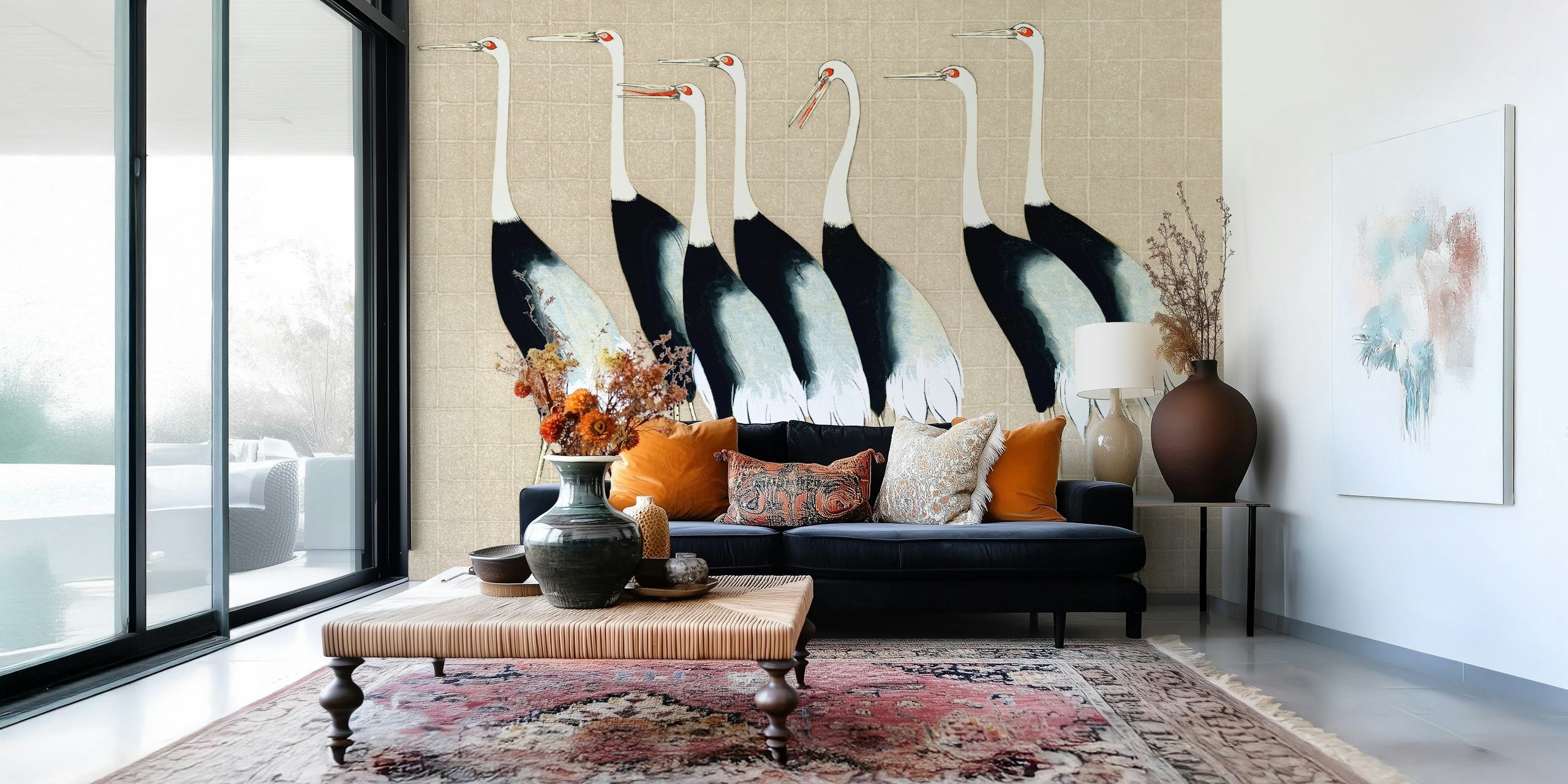 Elegante Japanse kraanvogel muurschildering op een neutrale achtergrond