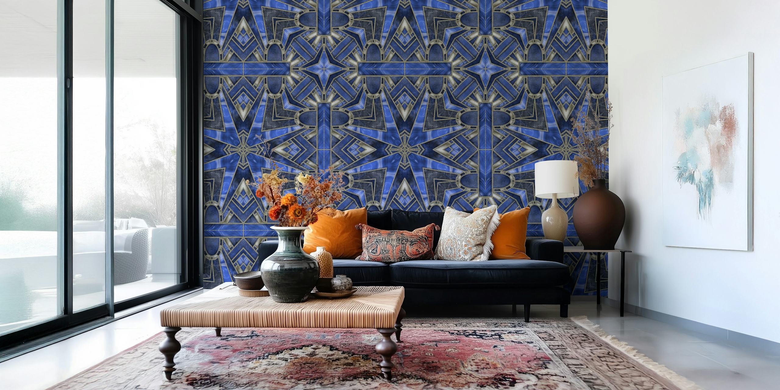 Tapeta Art Deco Tiles v modré a stříbrné