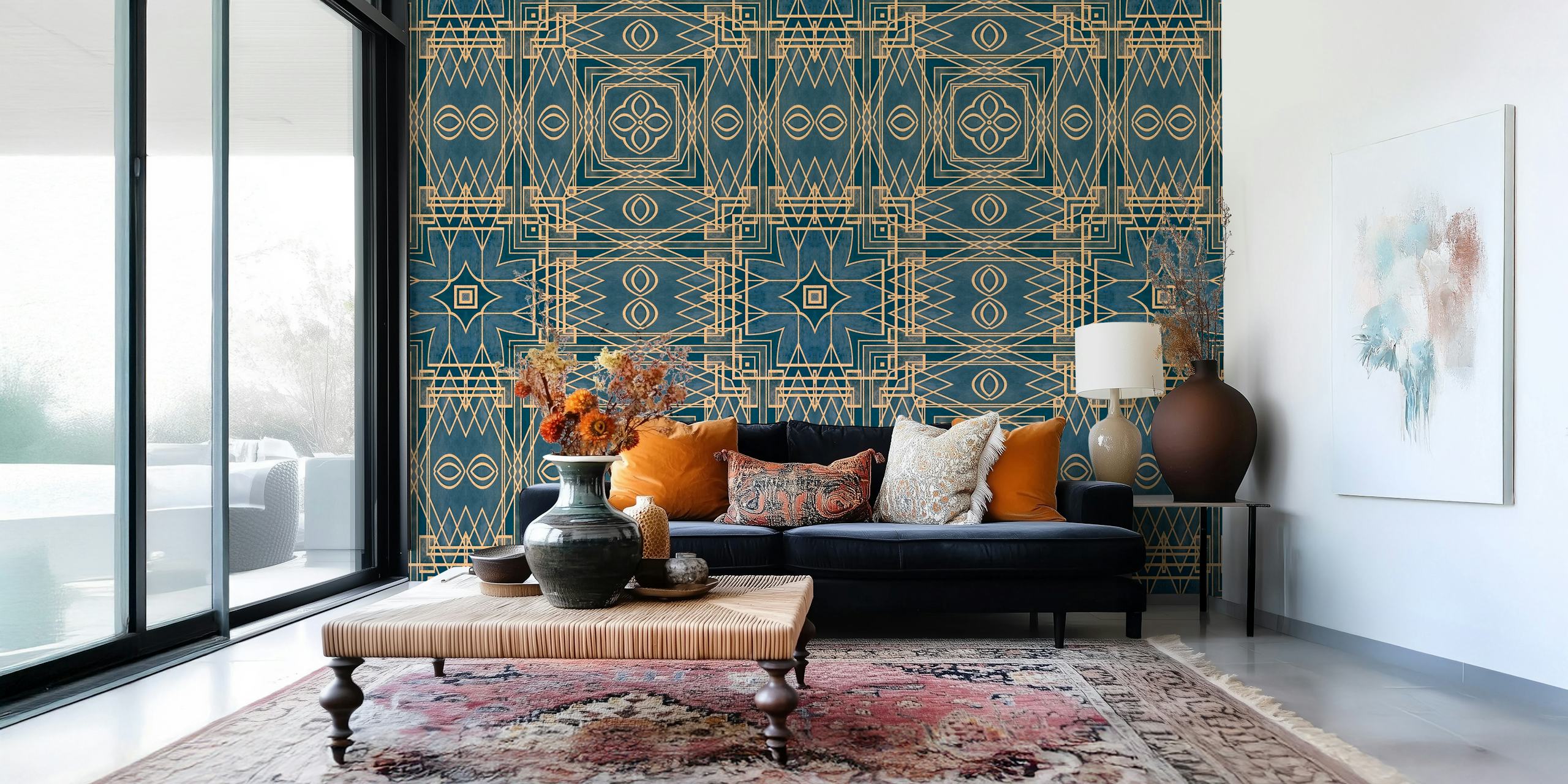 Art Deco-mönstrad tapet i blått och guld