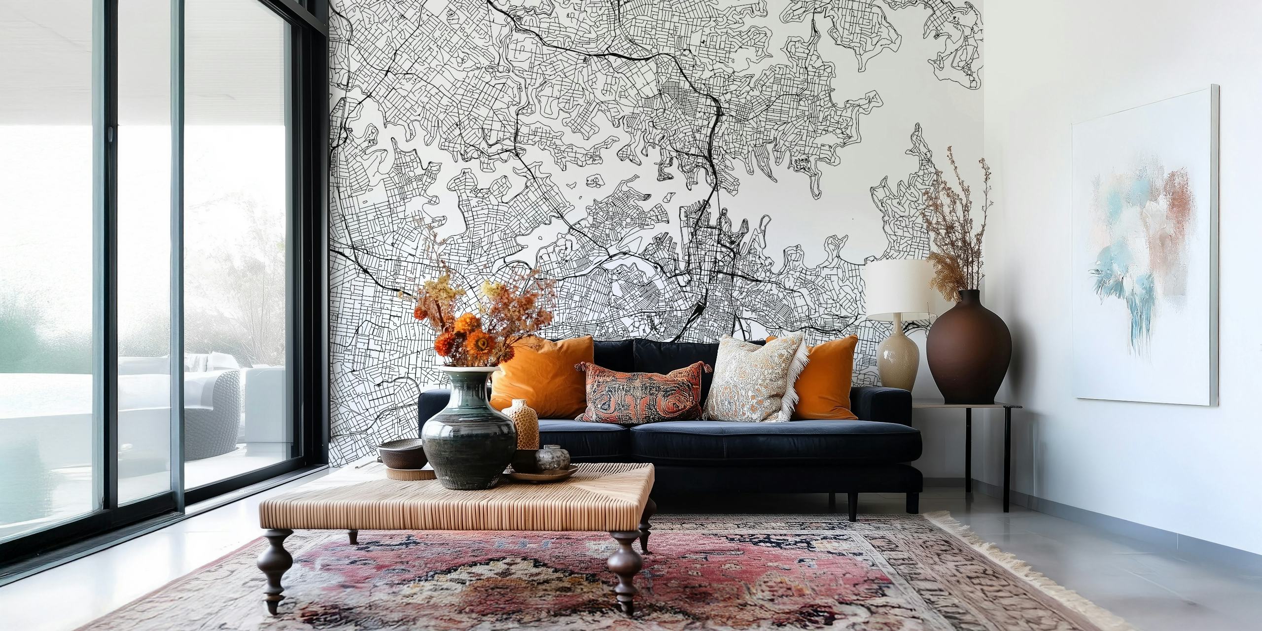 Papel de parede preto e branco Sydney Map em um quarto
