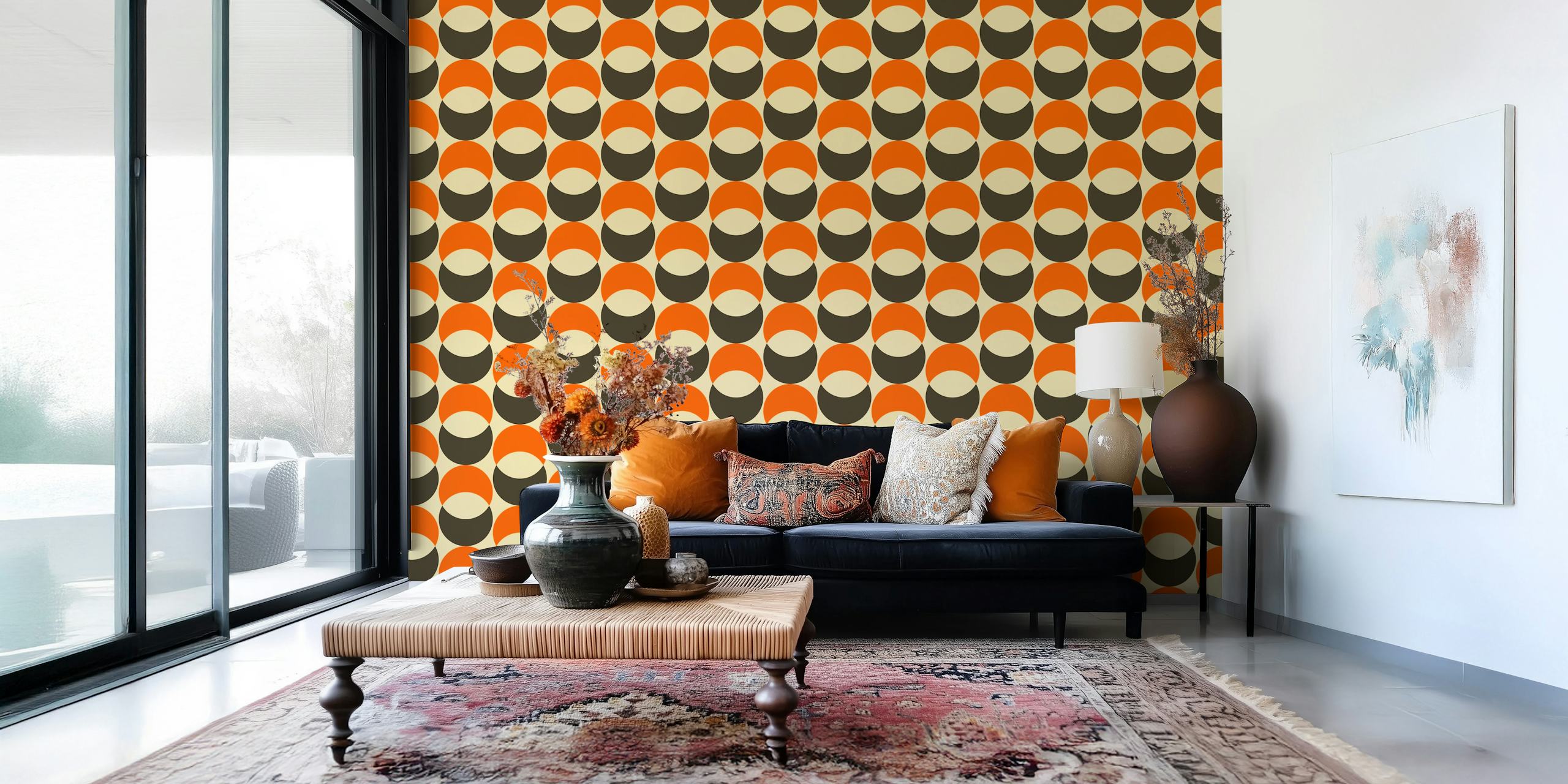 Geometric pattern with orange and brown circular designs wallpaper