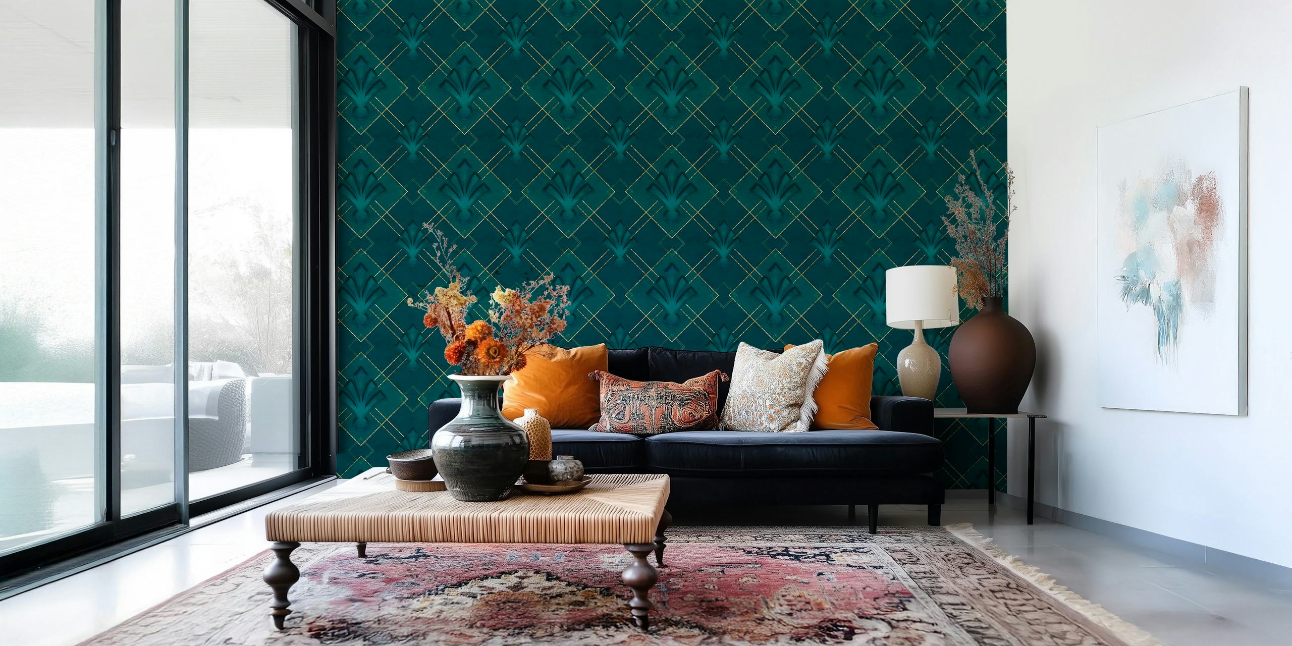 Art Deco Emerald Teal Gold Tapete in einem Raum