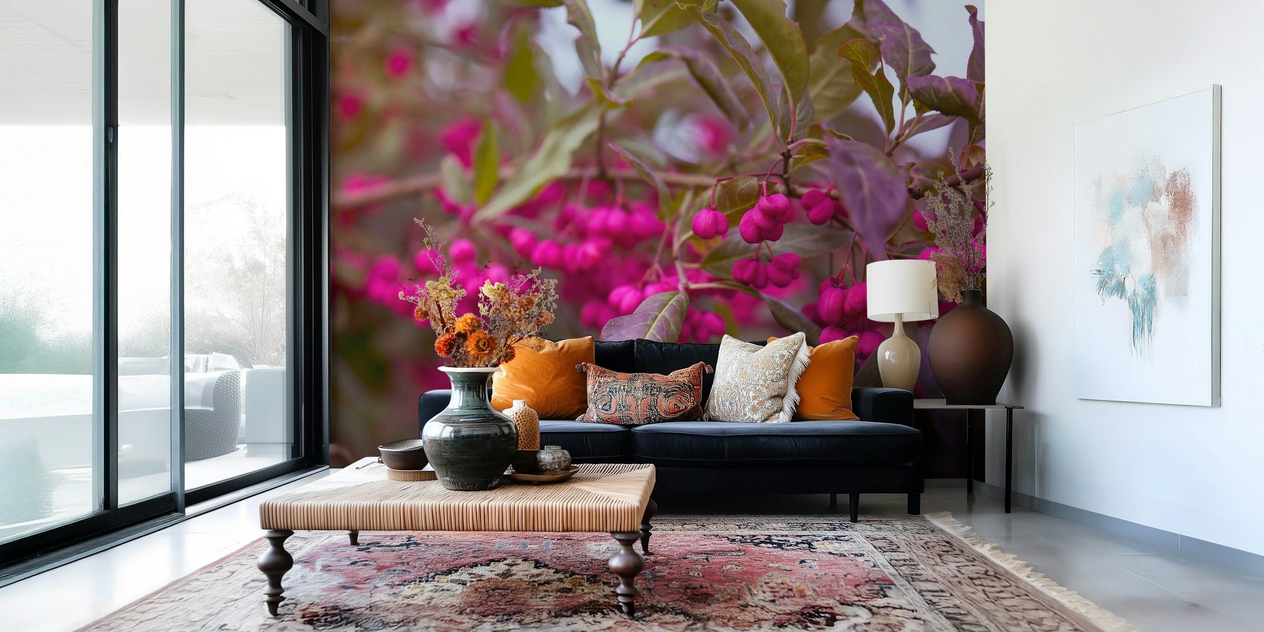 Pink autumn berries with green leaves wallpaper