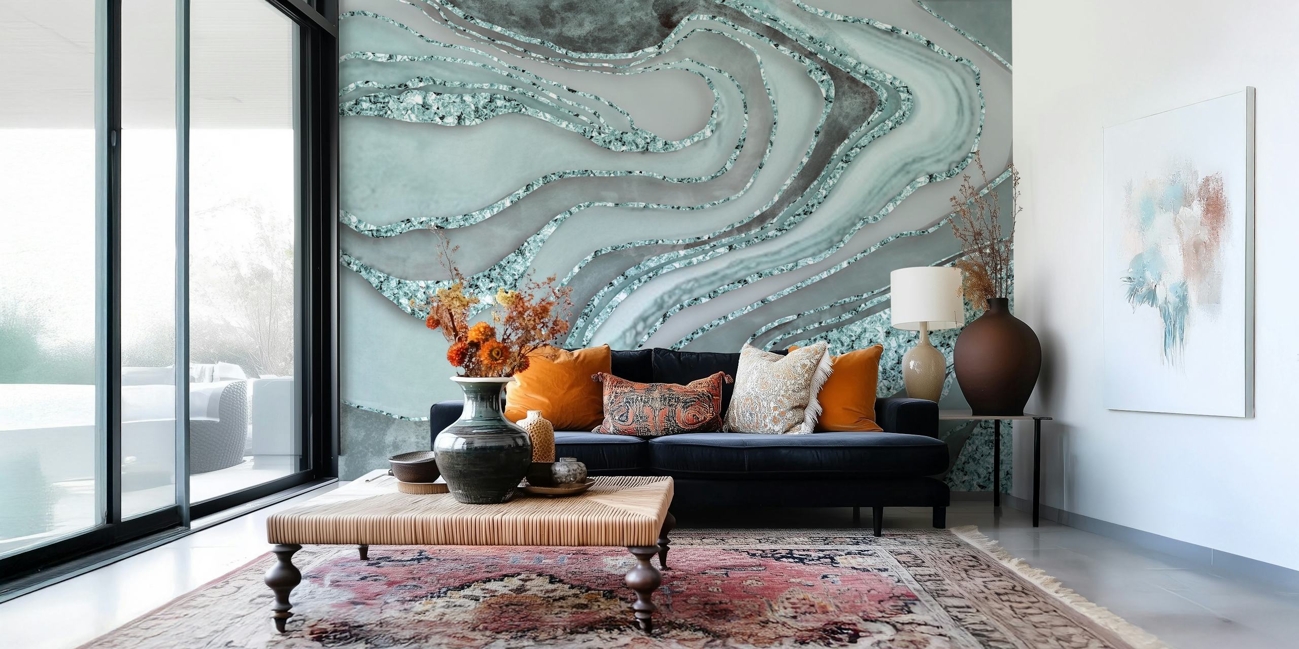 Crystal Marble Gemstone Teal wallpaper in a room