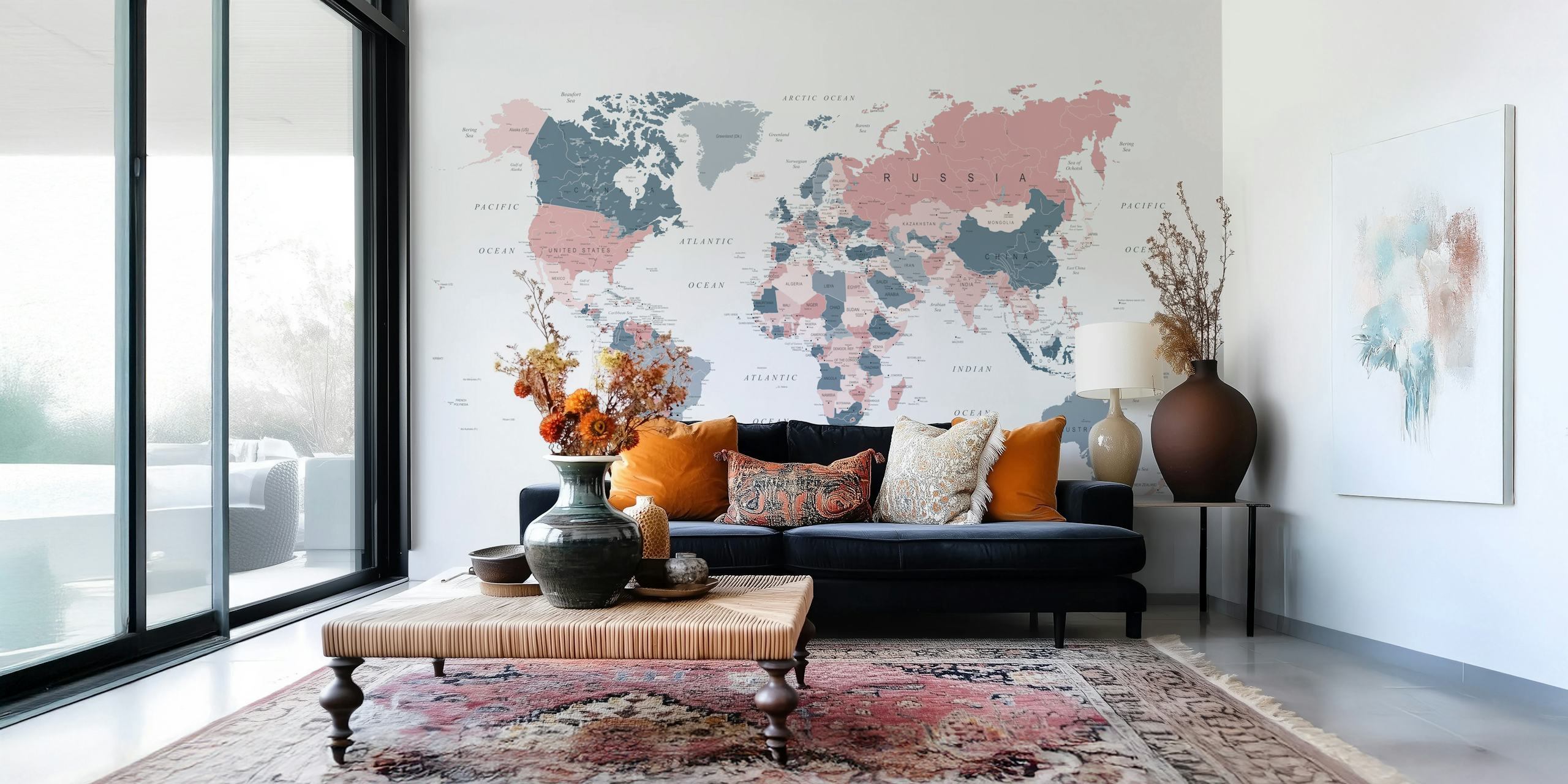 World map design in pink and blue colors, detailed outlines. educational wallpaper