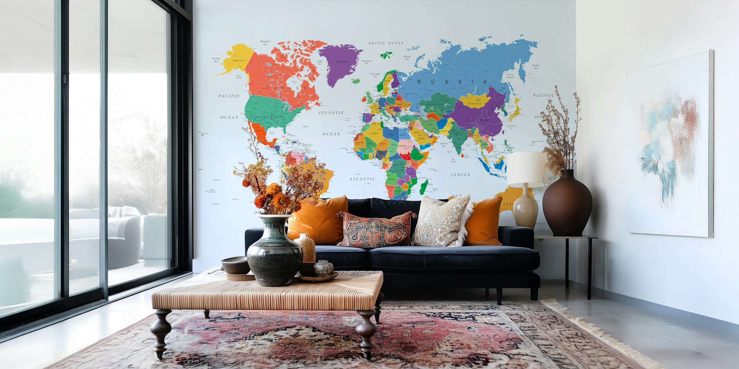Colorful world map wallpaper in a room
