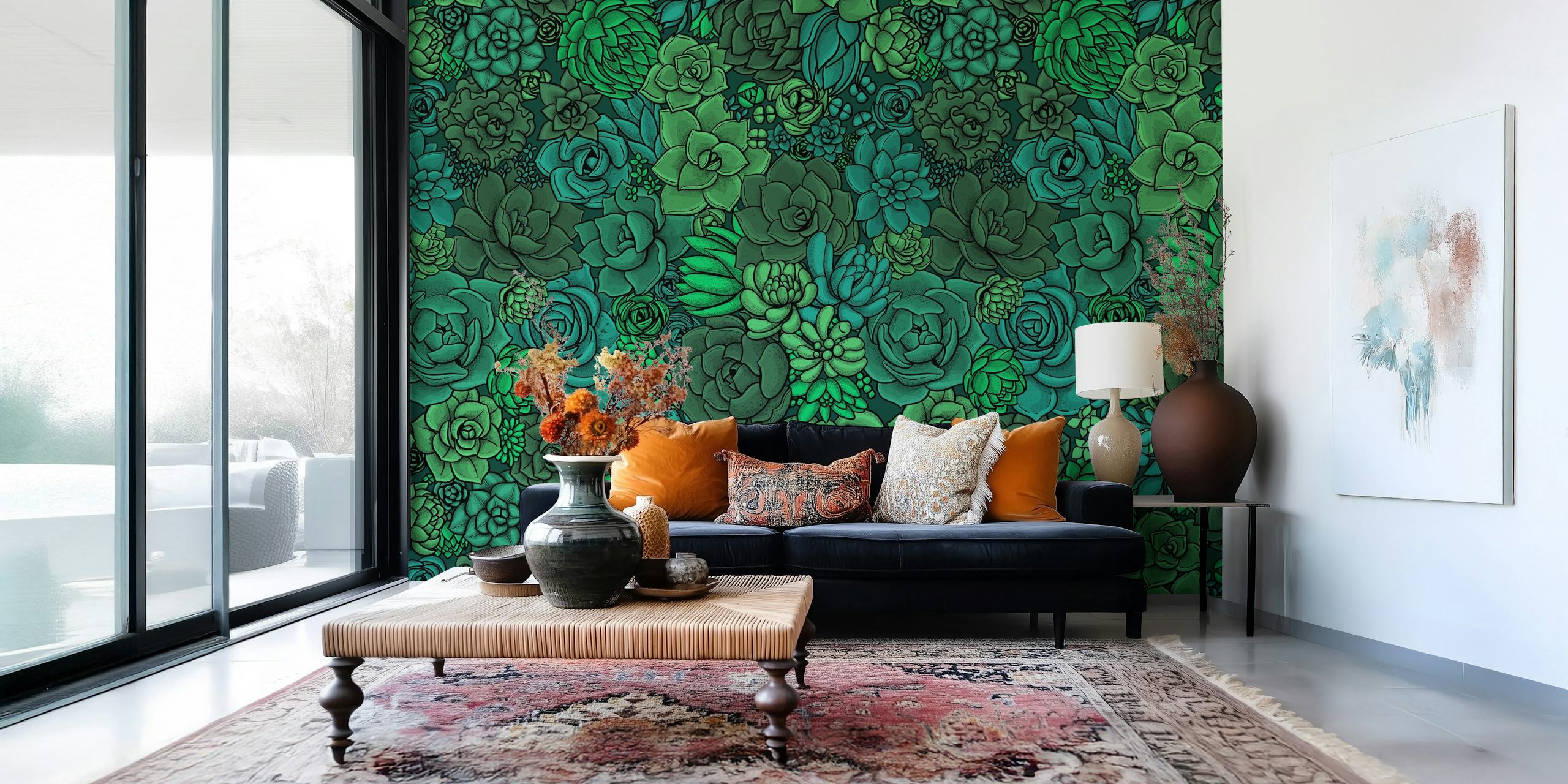 Various green succulents and plants illustration wallpaper