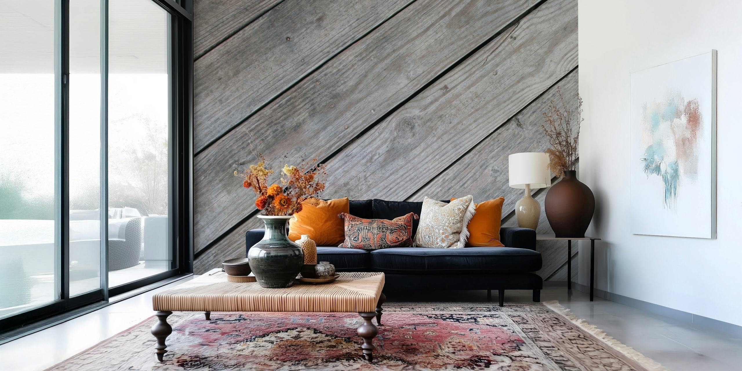 Rustic wood stripes wallpaper in a living room