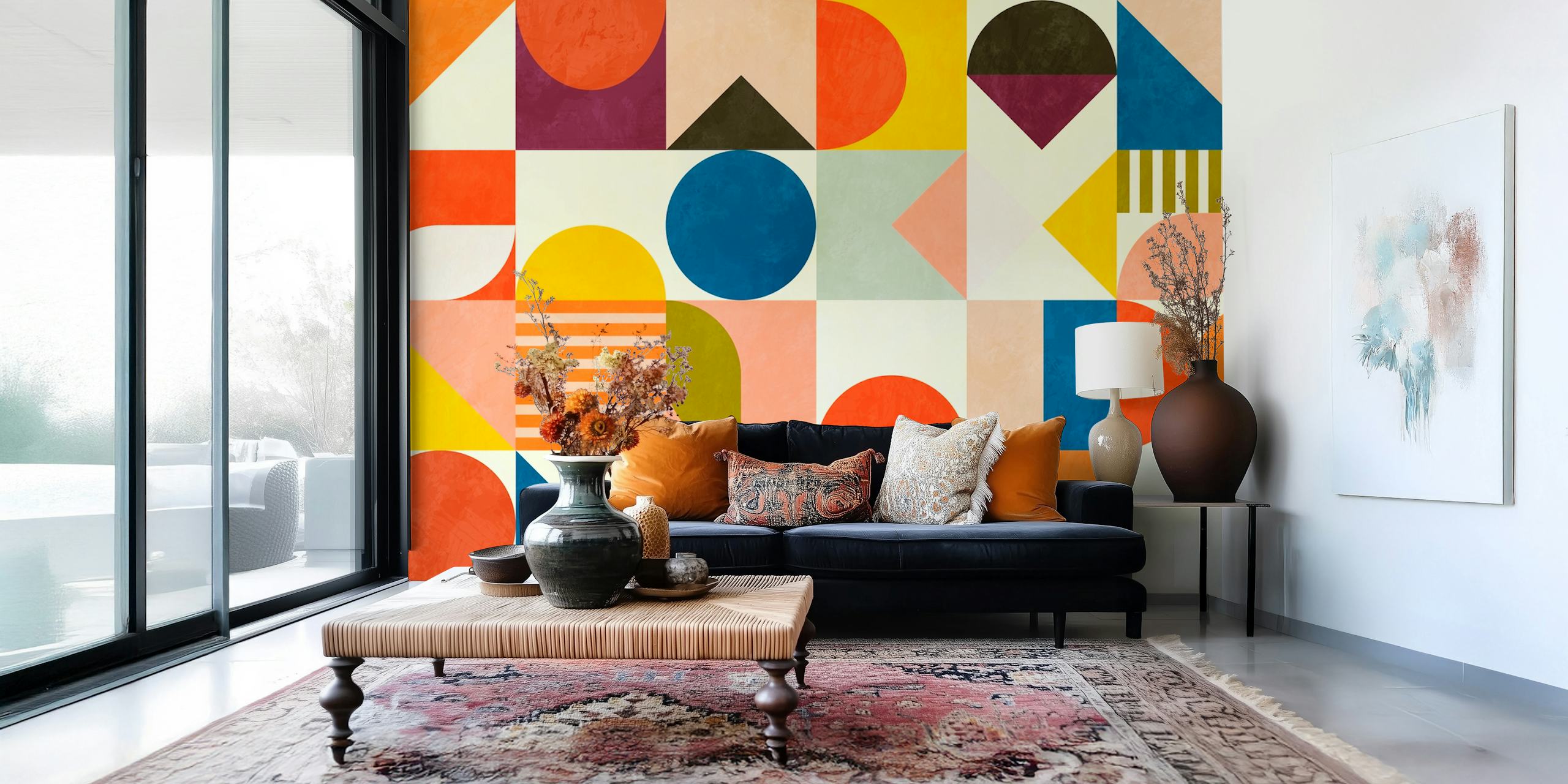 Kaunis esittely Mid Century Bauhaus geometrisesta tapetista, jossa on eloisat värit