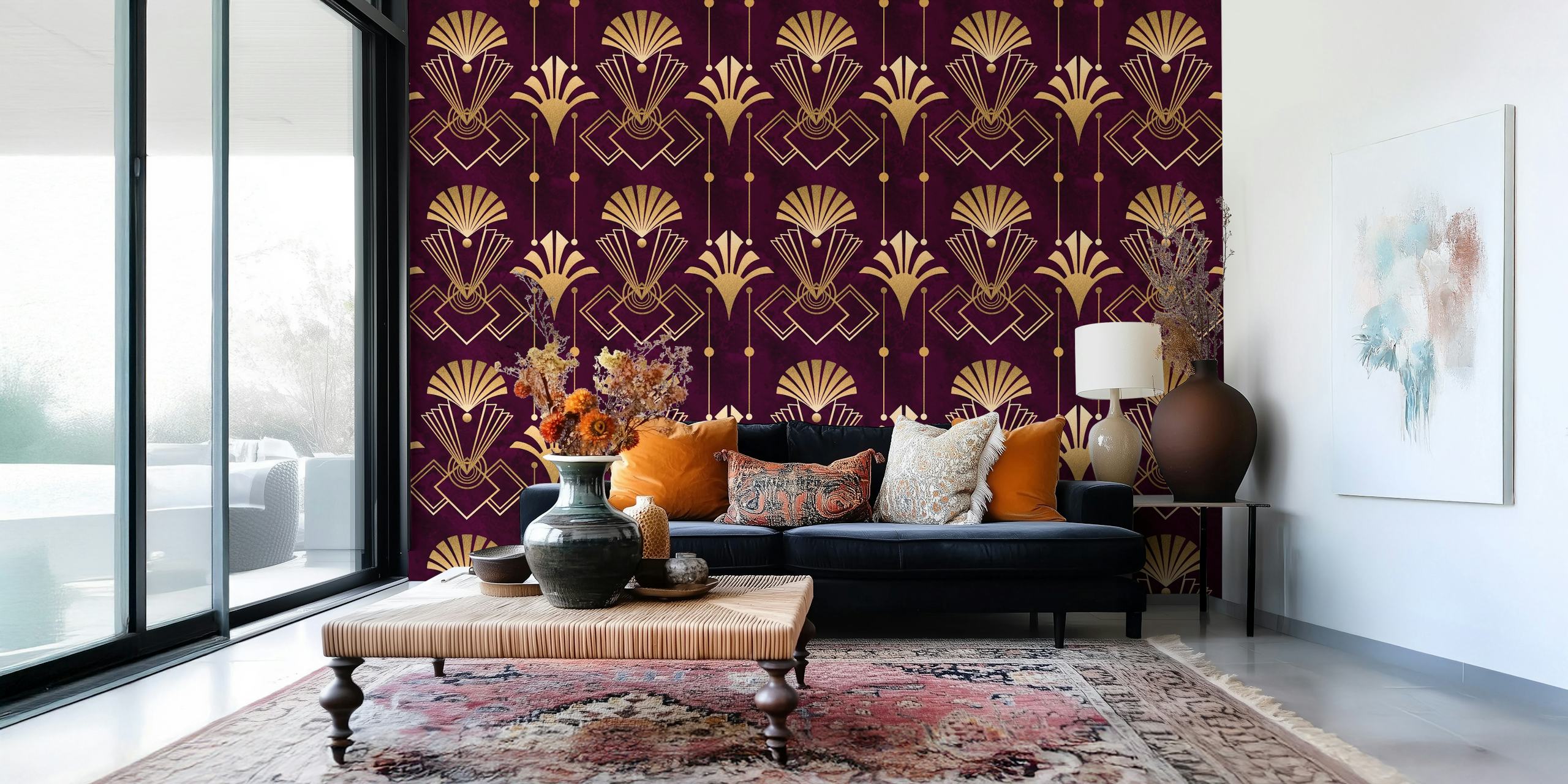 Burgundy and gold art deco design with geometric shapes wallpaper