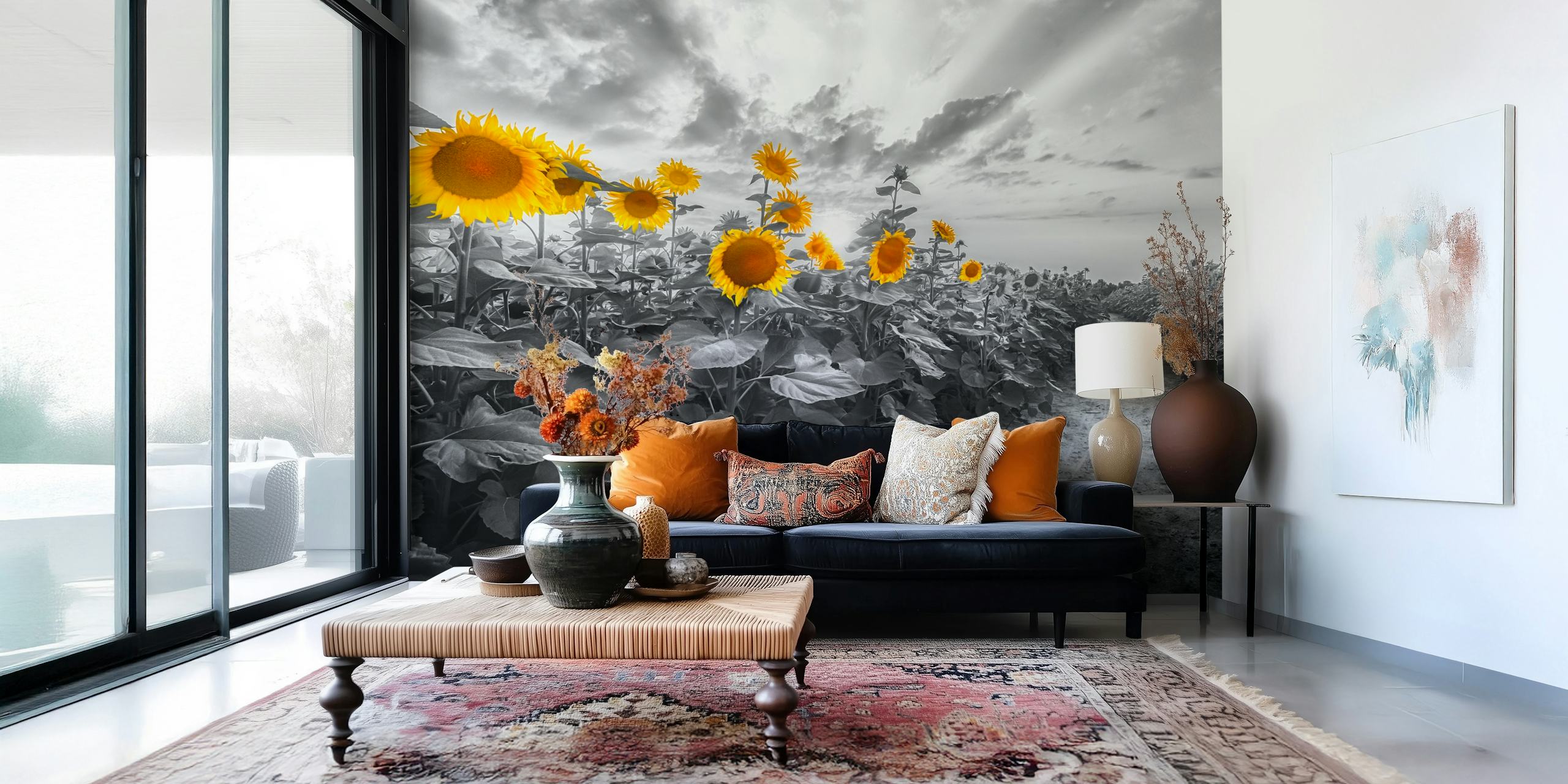 Yellow sunflowers on a gray pathway wallpaper