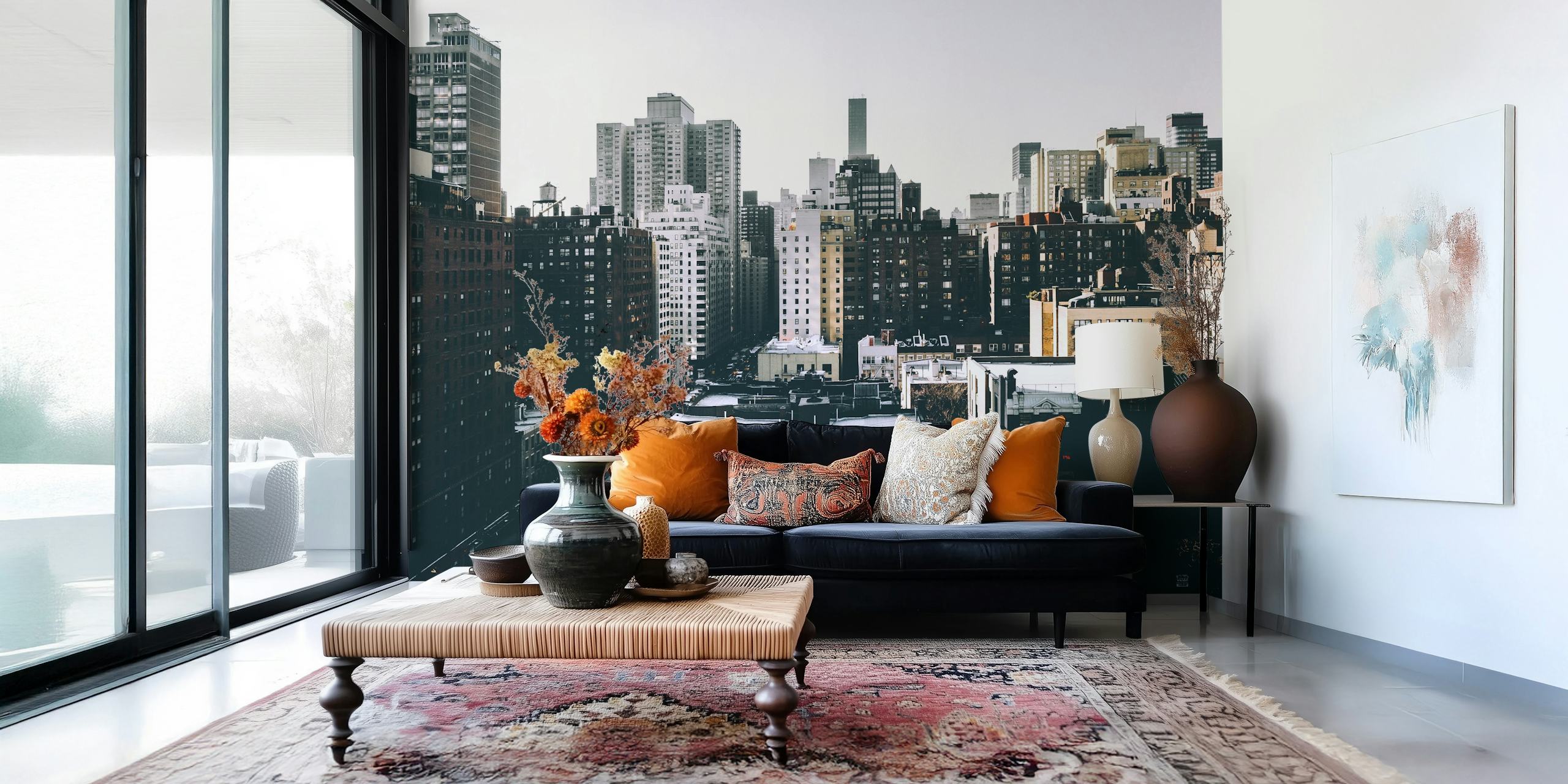 Cityscape of buildings in muted tones wallpaper