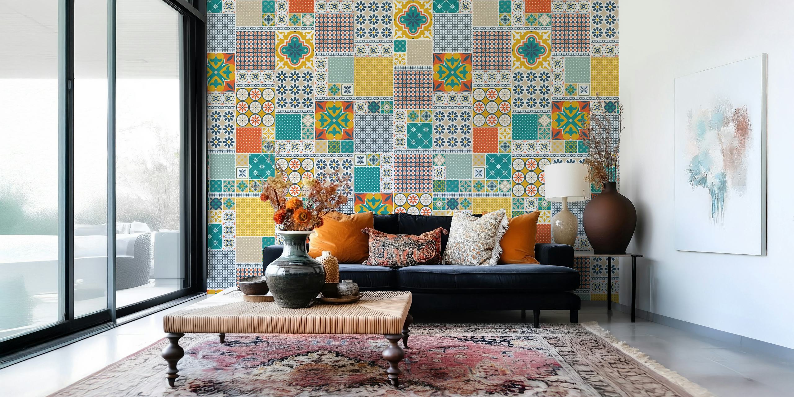 Ταπετσαρία Alhambra Tiles Multicolour εμφανίζεται σε ένα δωμάτιο